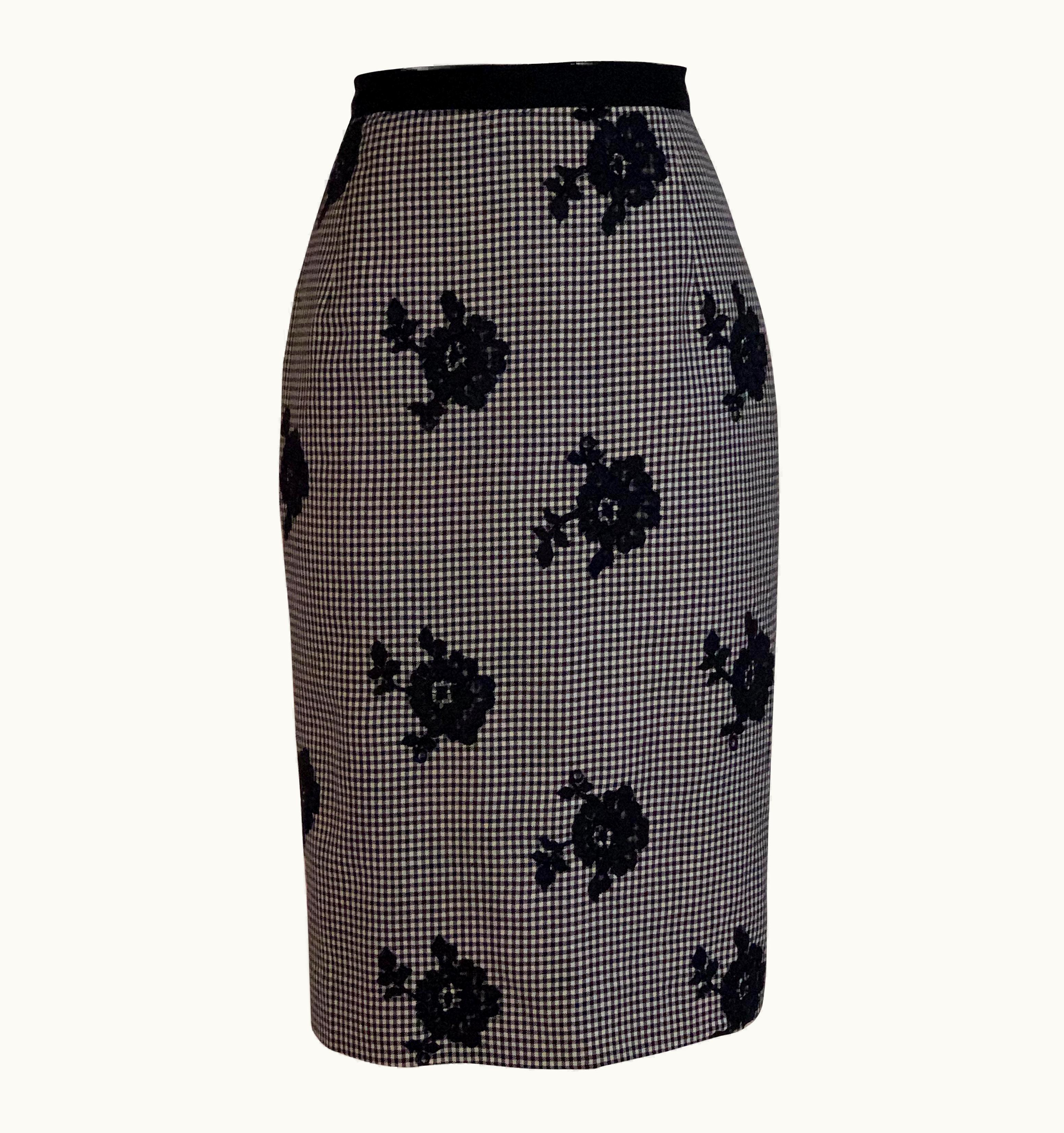 Oscar De La Renta Oscar De La Renta Black And White Check Floral Lace Applique Pencil Skirt