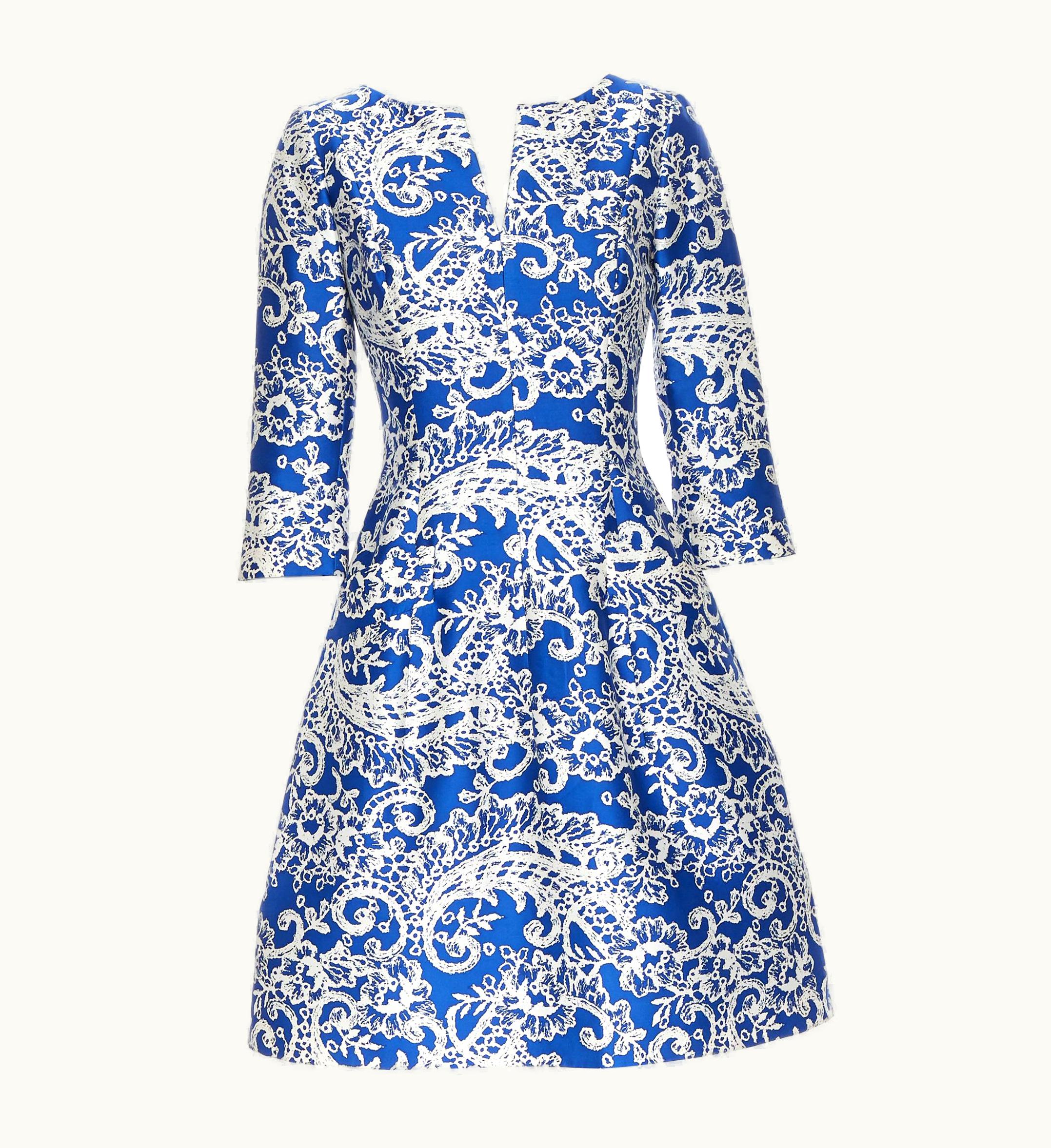 Oscar De La Renta Oscar De La Renta S/S Blue White Baroque Print V-neck Dual Pocket Dress