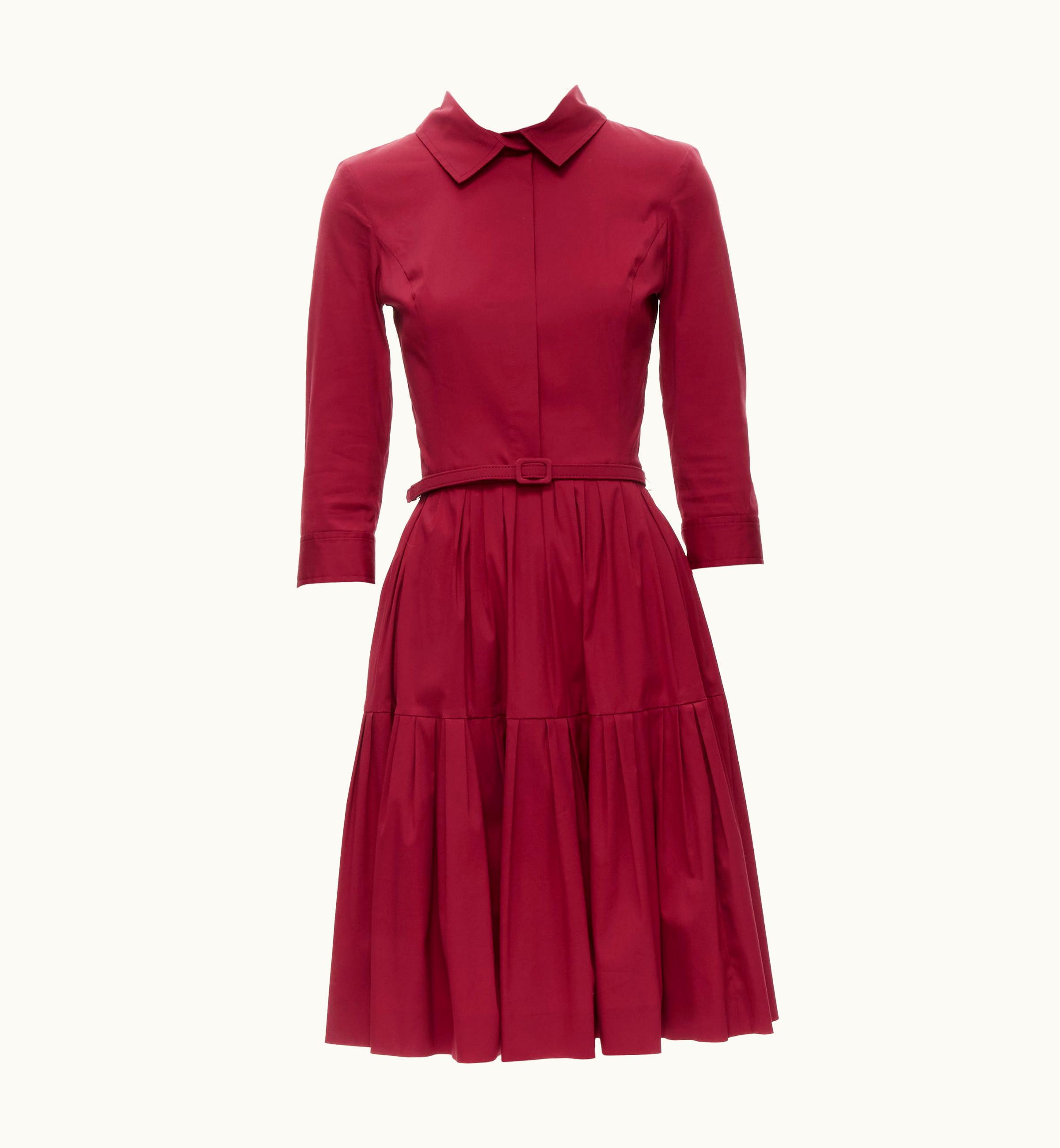 Oscar De La Renta Oscar De La Renta 2015 Dark Red Cotton Blend Belted Flared Skirt Dress