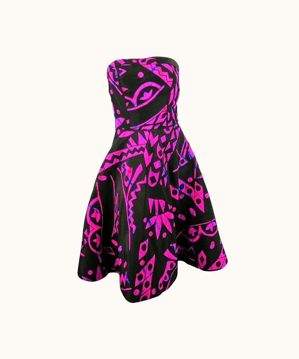 Oscar De La Renta 2015' Oscar De La Renta Fuschia Silk Strapless Tribal Cocktail Dress