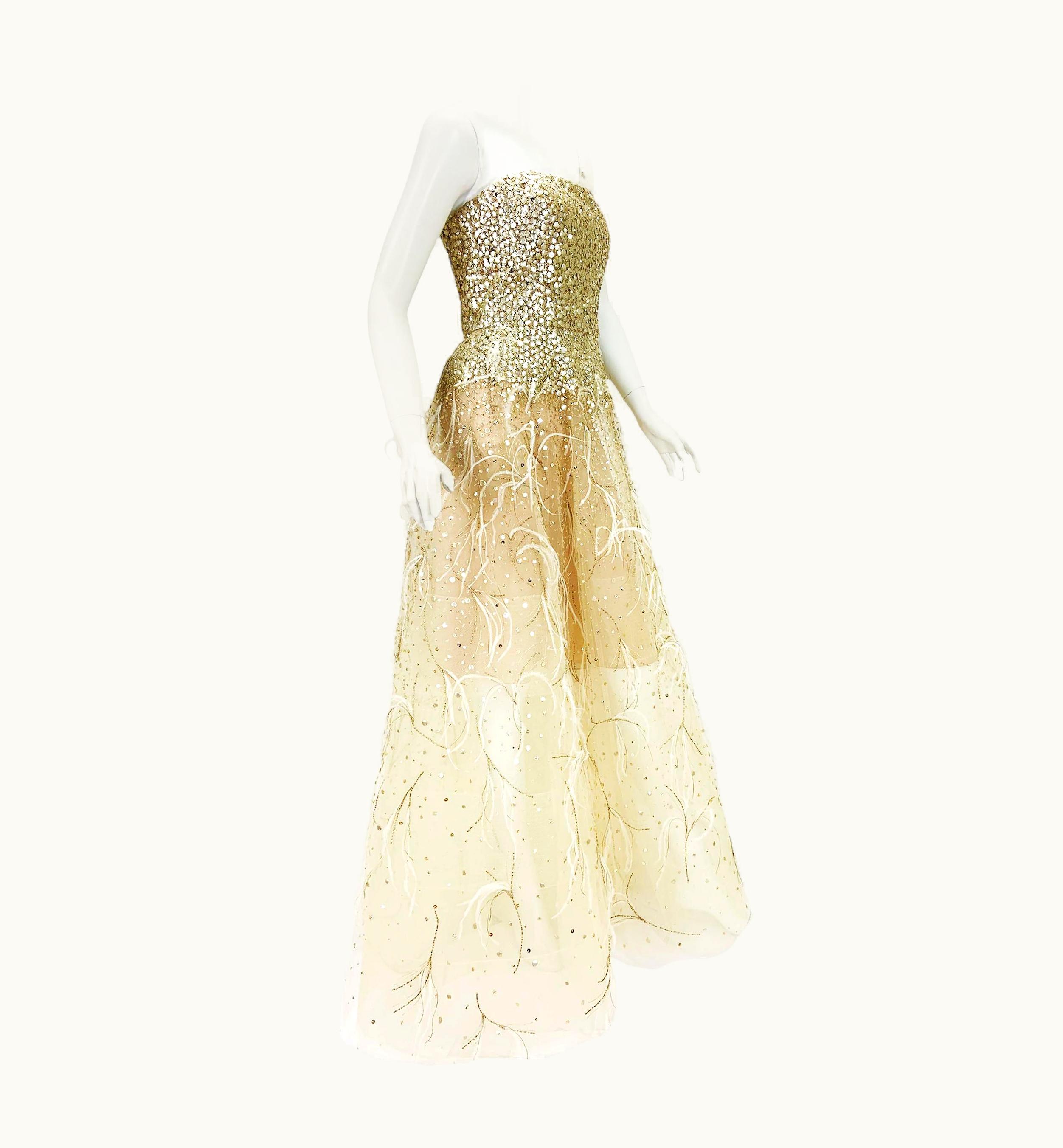 Oscar De La Renta Oscar De La Renta S/S 2015 Runway Tulle Feather Sequin Champagne Dress Gown Us