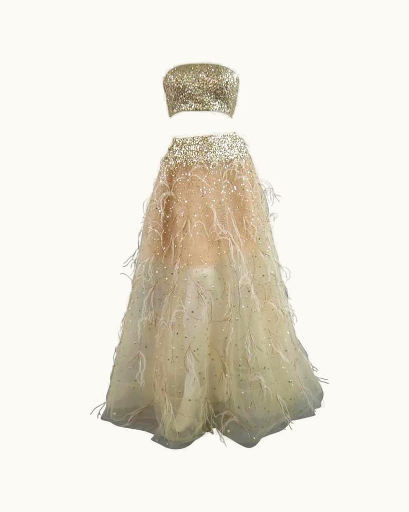 Oscar De La Renta Oscar De La Renta Spring 2015 4 Gold Feather Tulle Skirt Gold Sequin Bustier Set