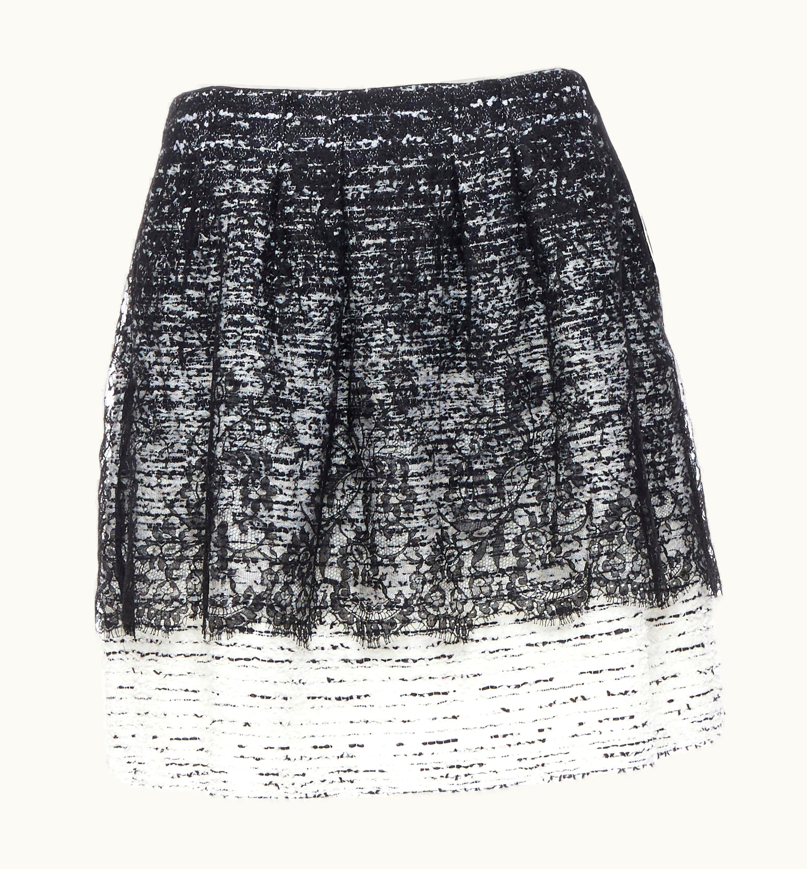 Oscar De La Renta Oscar De La Renta R15 Black White Gradient Tweed Lace Overlay Mini Skirt