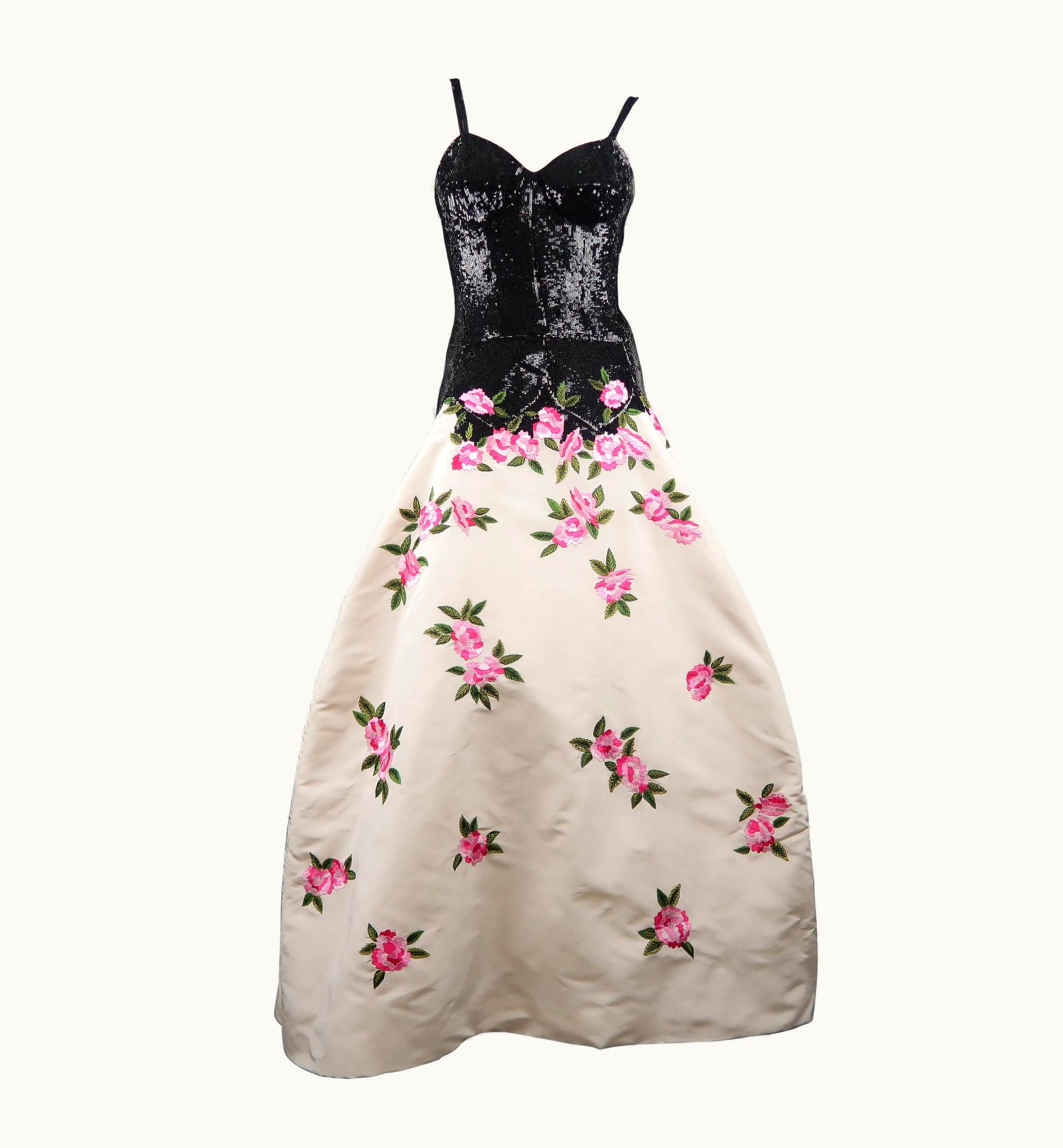 Oscar De La Renta Oscar De La Renta Black & White Silk Sequin Bodice Pin Floral Skirt Gown