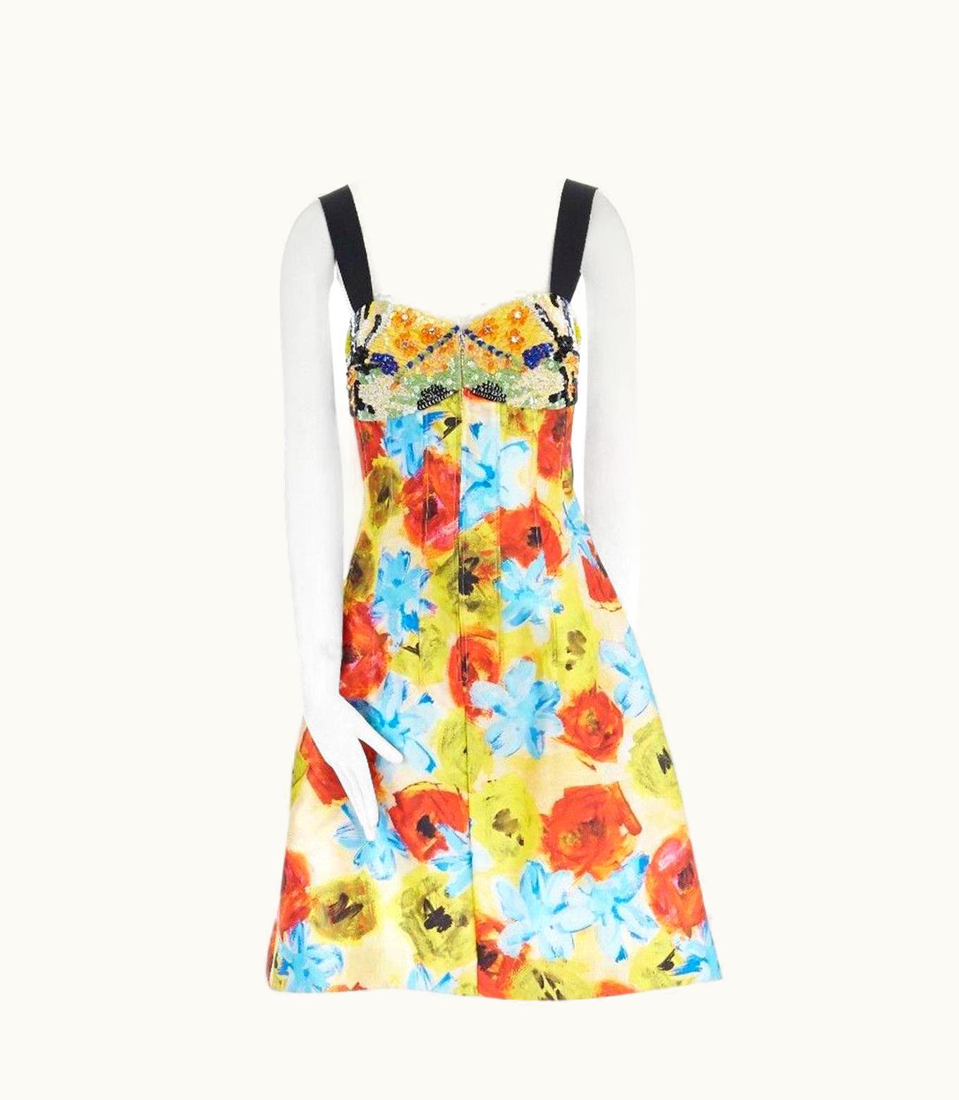 Oscar De La Renta Runway Oscar De La Renta 2016 Sequins Embroidered Floral Print Silk Dress