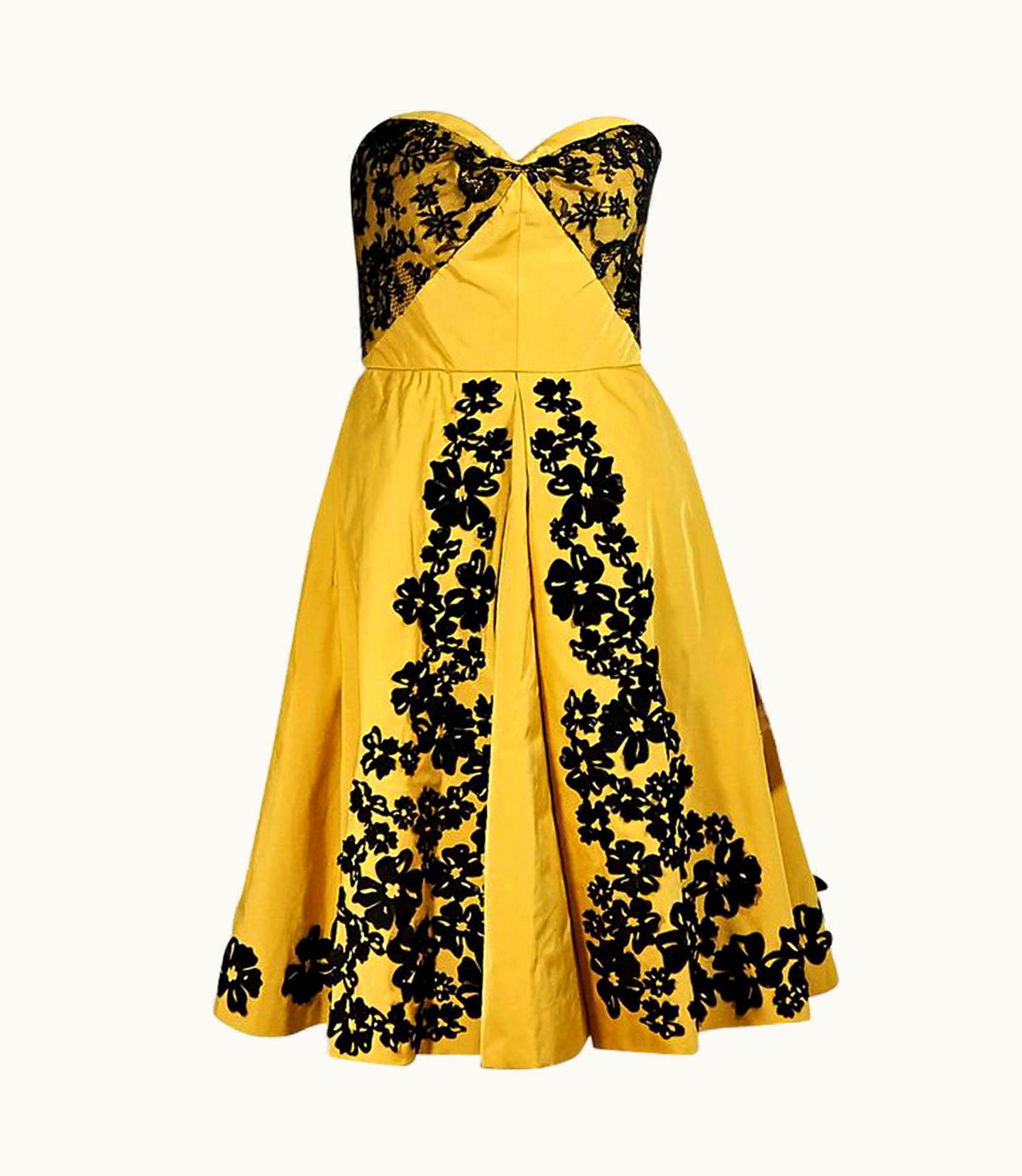 Oscar De La Renta Yellow & Black Oscar De La Renta Strapless Dress