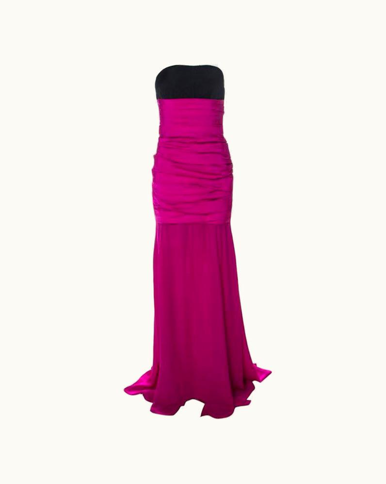 Oscar De La Renta Oscar De La Renta Magenta Pink Silk Ruched Drop Waist Bodice Strapless Gown