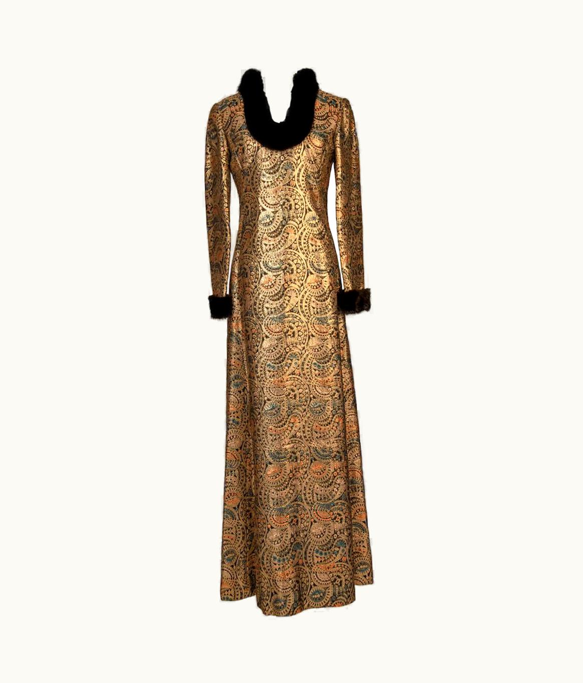 Oscar De La Renta Oscar De La Renta Gold Metallic Brocade Sable Trim Evening Dress, C. Fall 1970