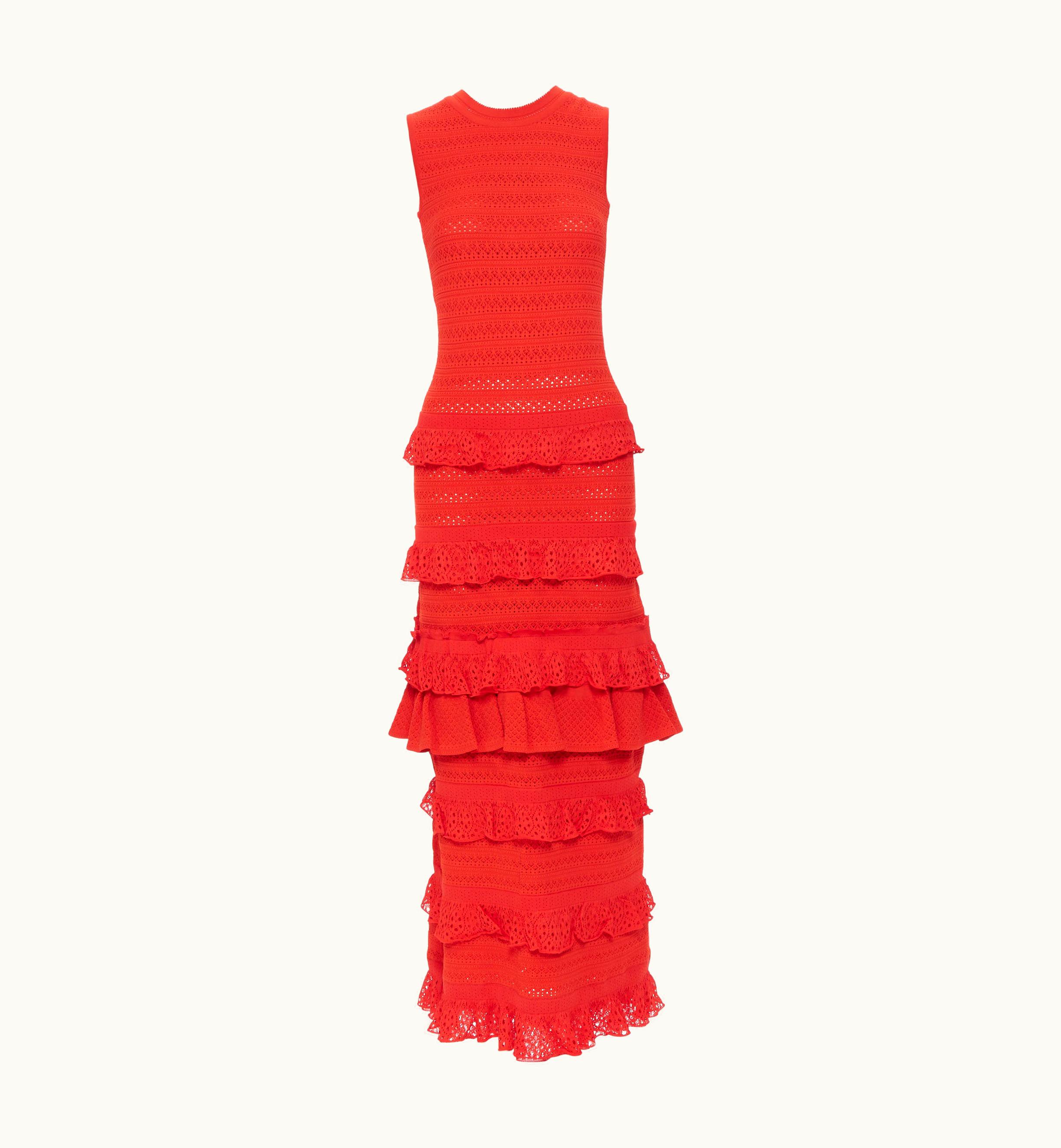 Oscar De La Renta Oscar De La Renta 2017 Red Knitted Tiered Ruffle Trimevening Gown Dress