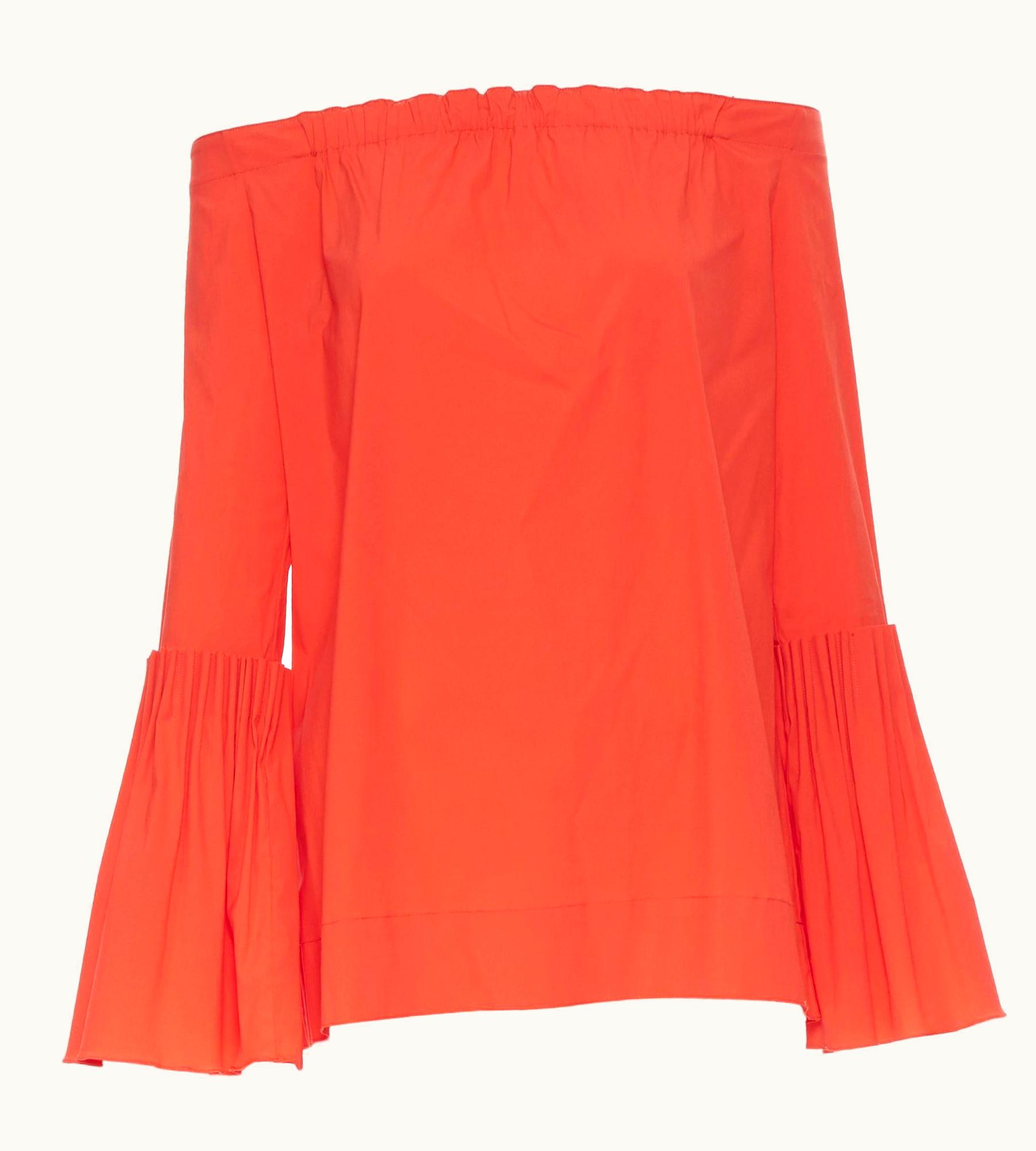 Oscar De La Renta S/S Red Cotton Silk Pleated Bell Sleeve Boff Shoulder Top