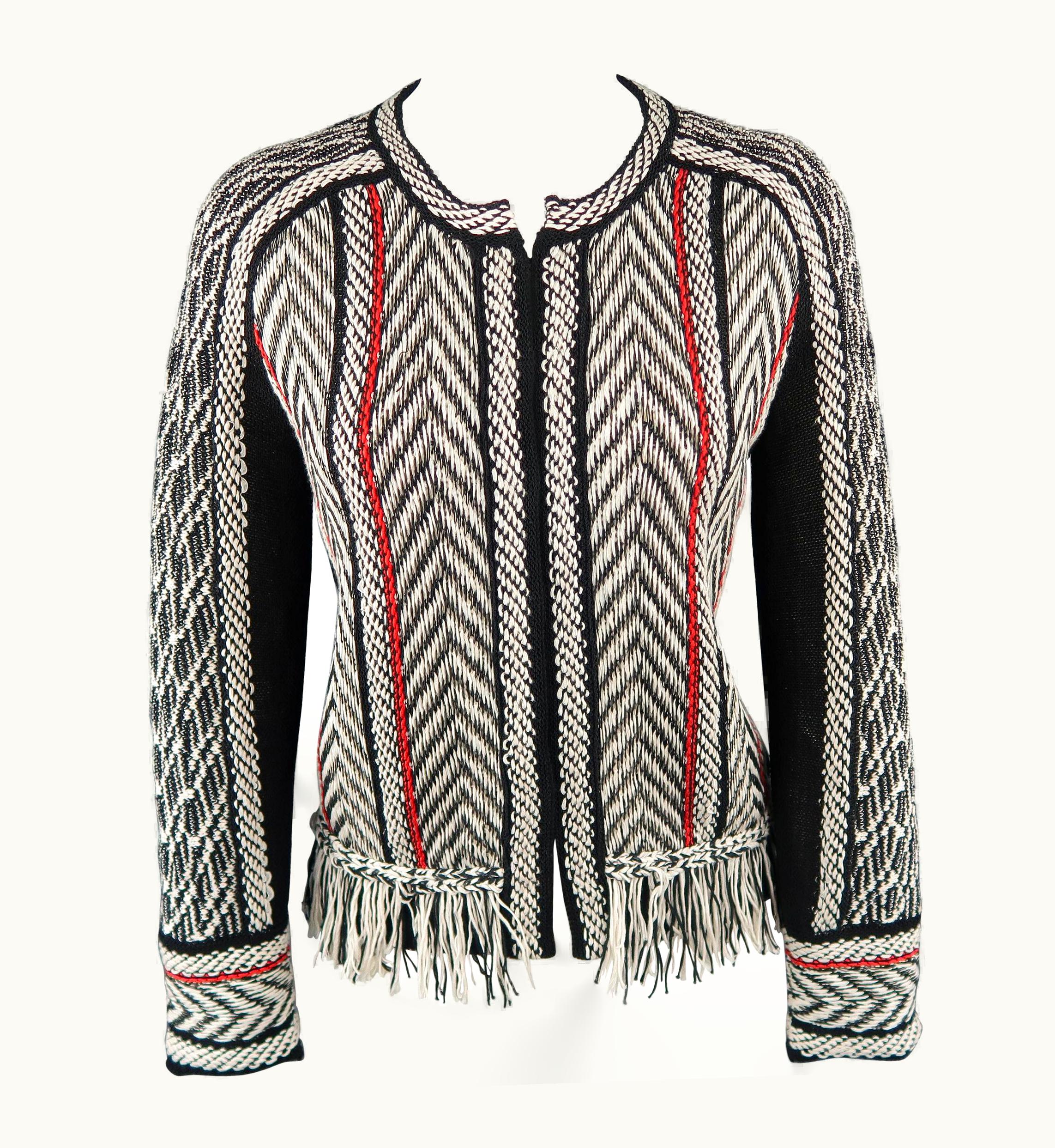 Oscar De La Renta Black & White Red Piping Fringe Hem Cardigan Sweater