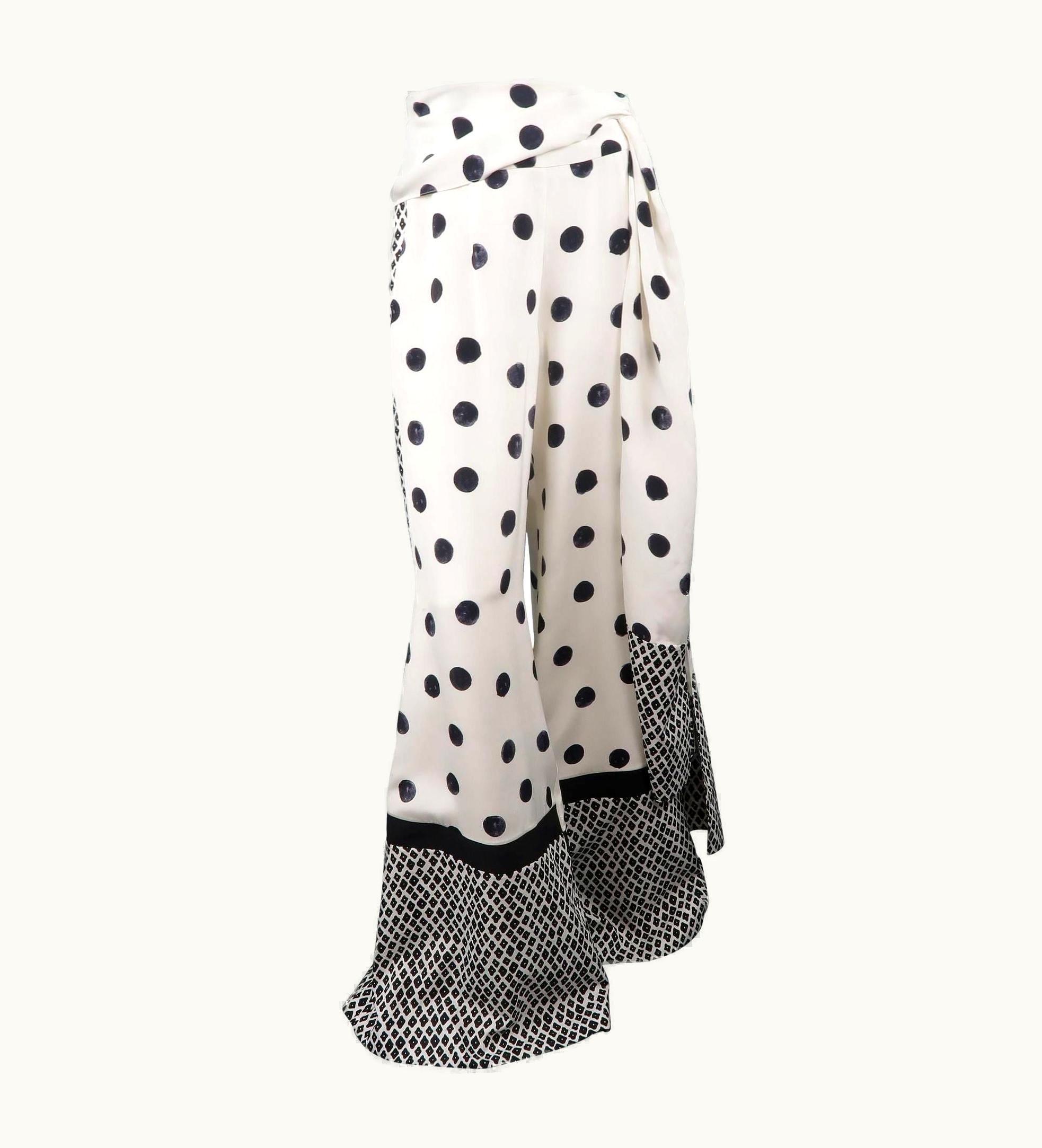 Oscar De La Renta Oscar De La Renta Cream & Black Mixed Print Silk Tie Wide Leg Dress Pants