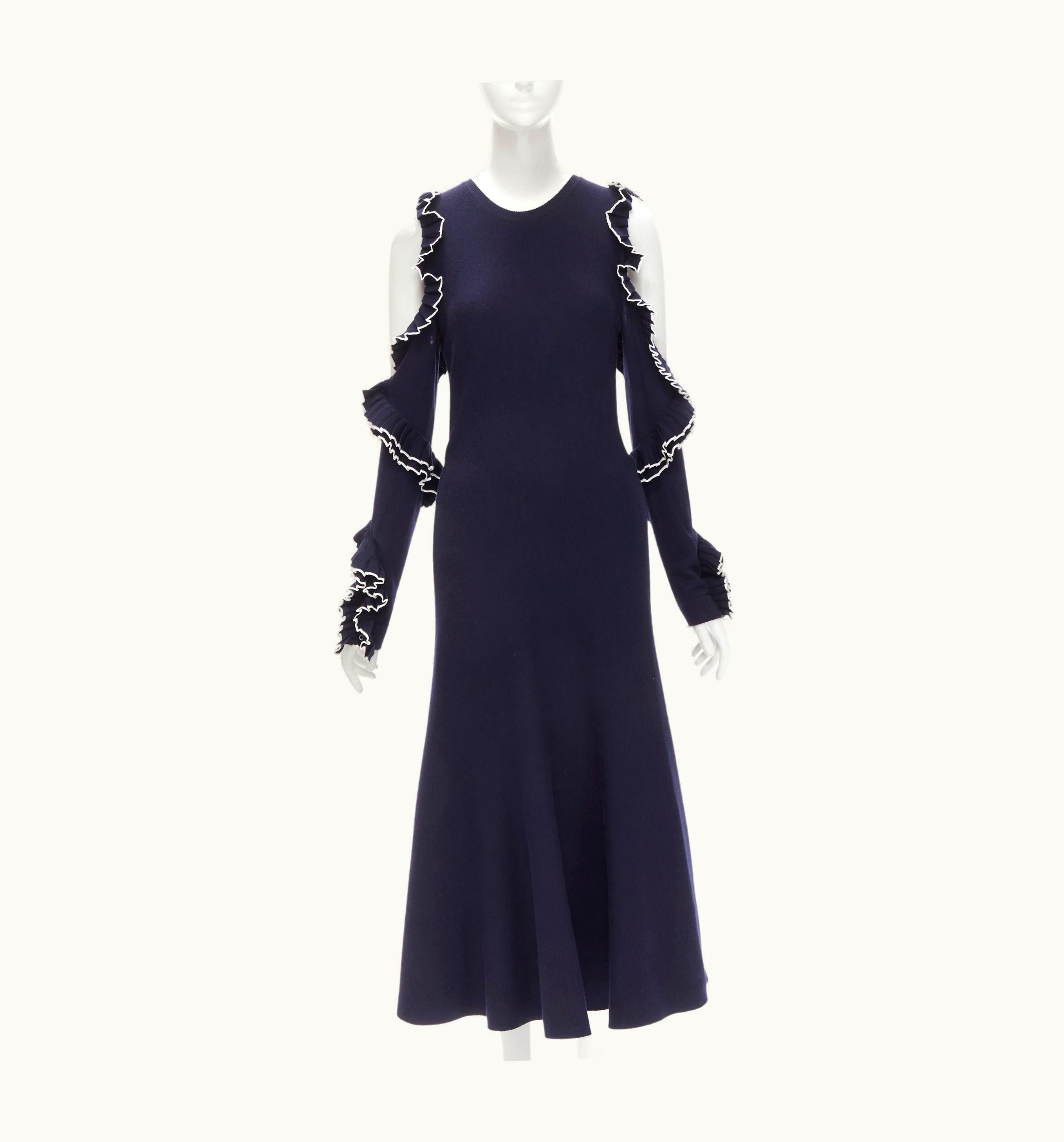 Oscar De La Renta 2018 Navy Blue White Ruffle Cold Shoulder Knit Midi Dress