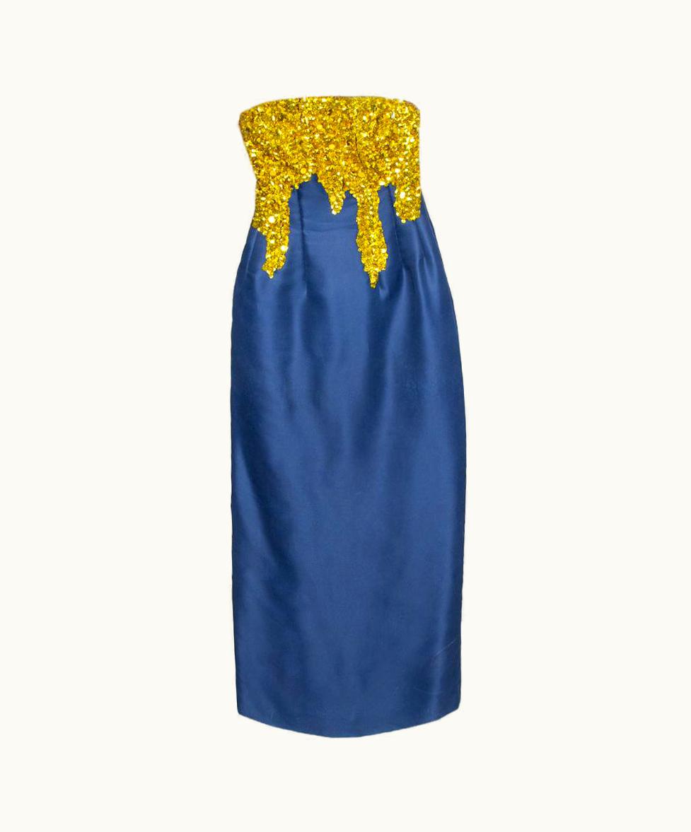 Oscar De La Renta Oscar De La Renta Midnight Blue Silk Sequin Embellished Strapless Gown UZ0605746