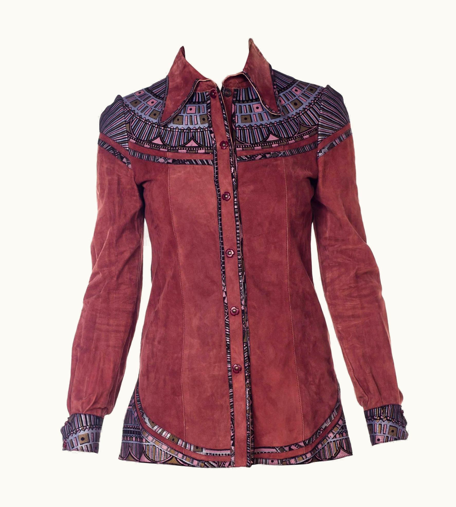 Roberto Cavalli 1970s Roberto Cavalli Printed Suede Leather Shirt Jacket