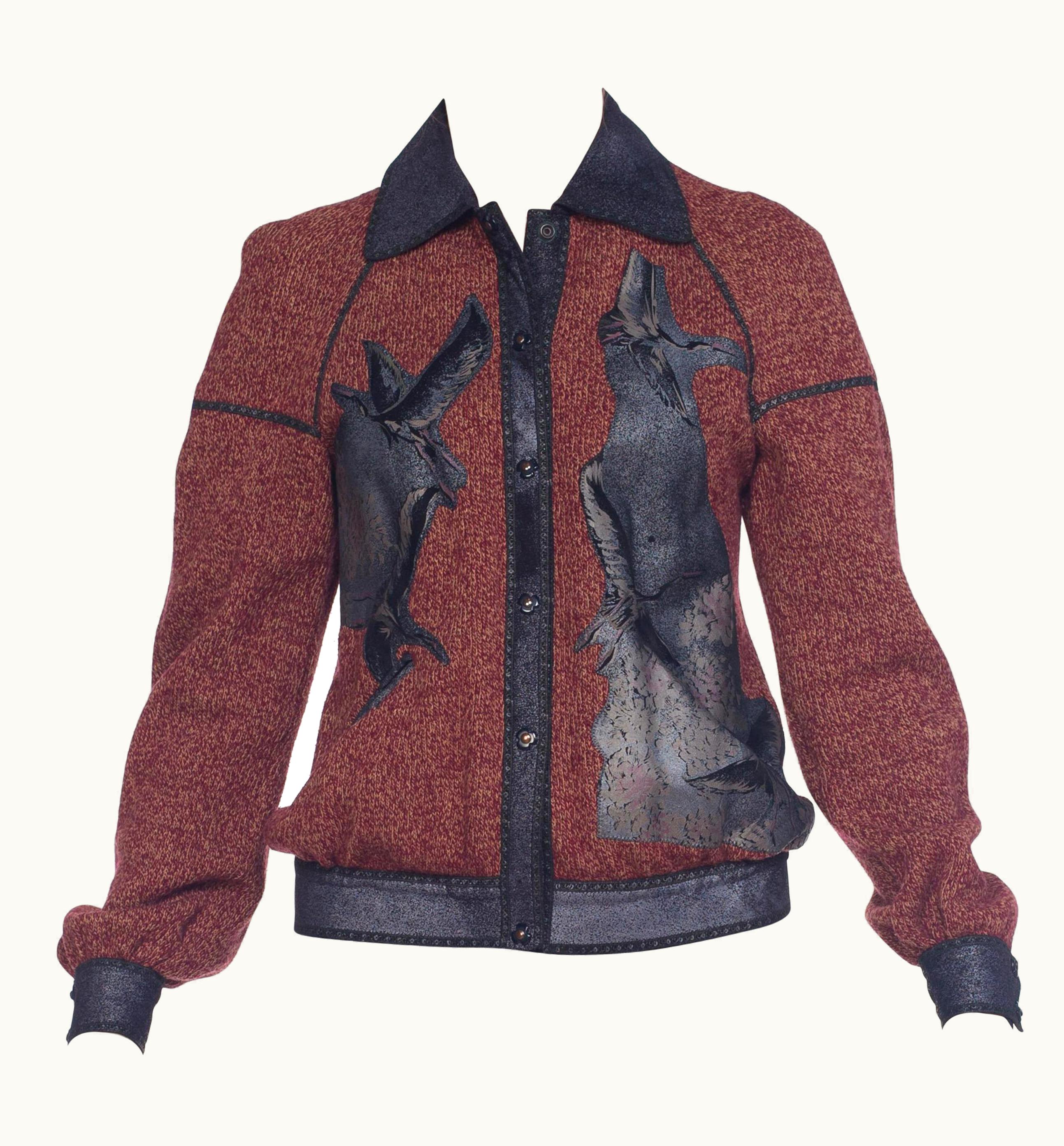 Roberto Cavalli 1970s Roberto Cavalli Knit Sweater With Suede Asian Cranes Appliques