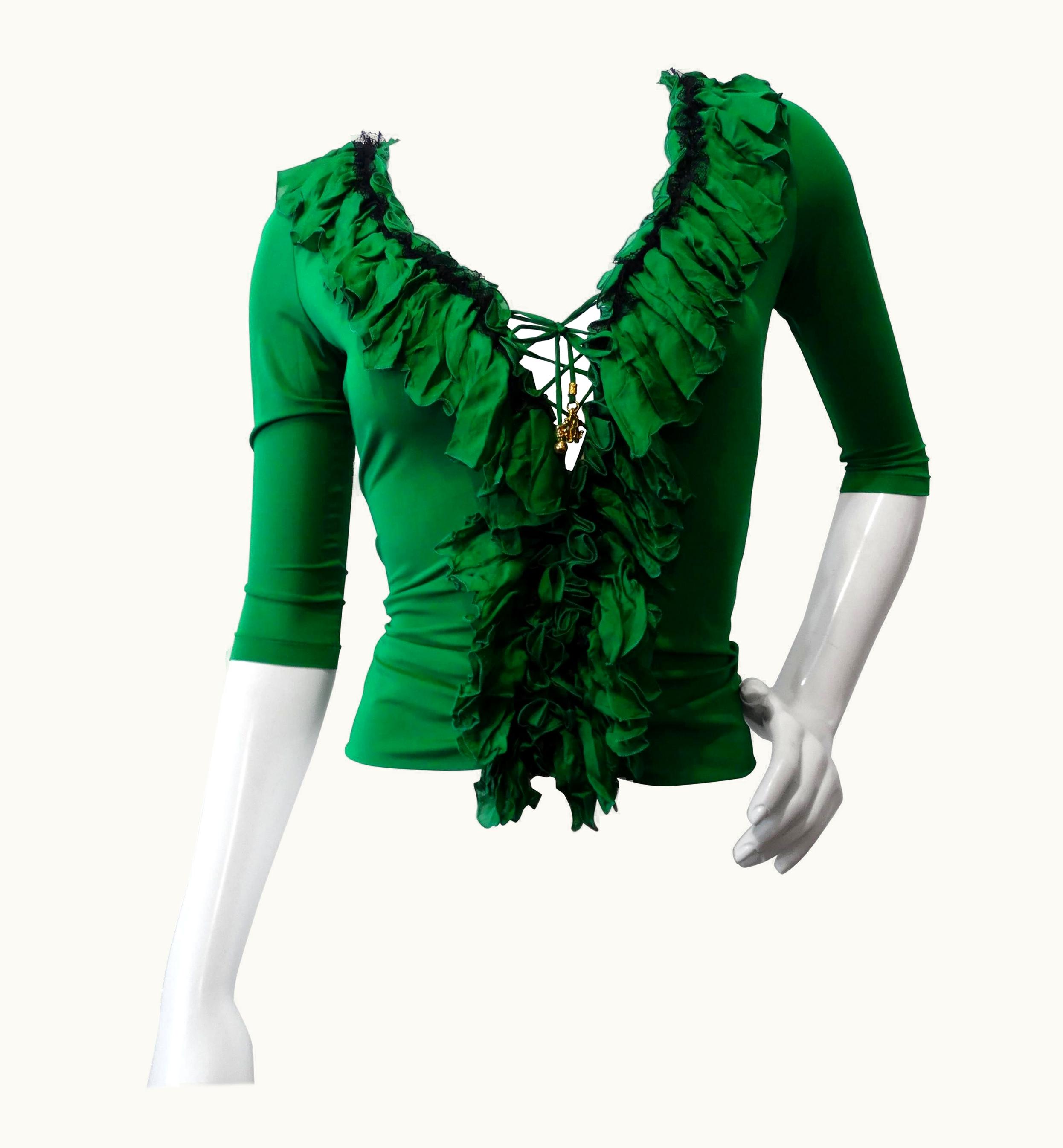 Roberto Cavalli Roberto Cavalli Green Ruffle Corset Lace Up Top