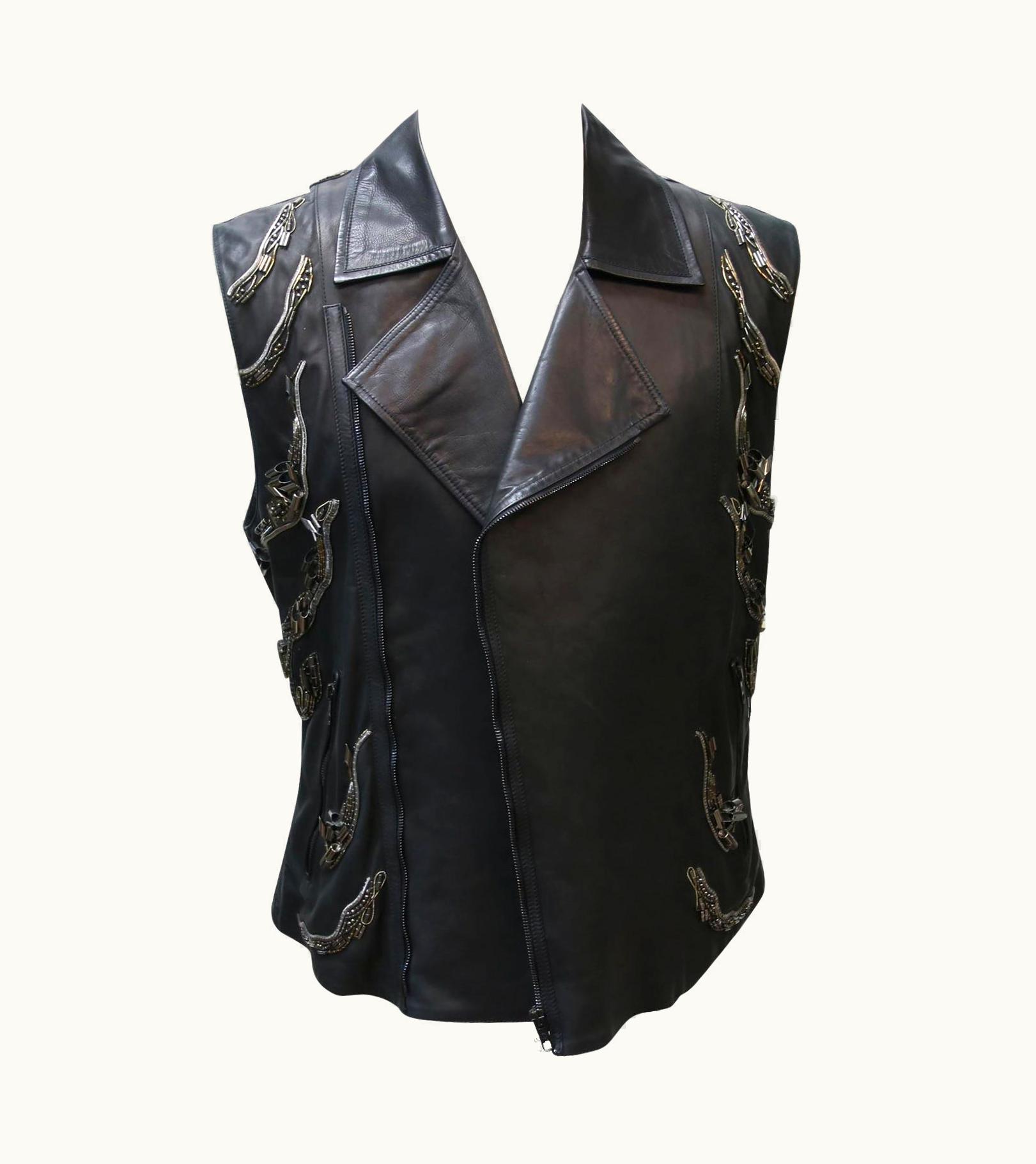 Roberto Cavalli Roberto Cavalli Calfskin Moto Embellished Leather Vest Jacket