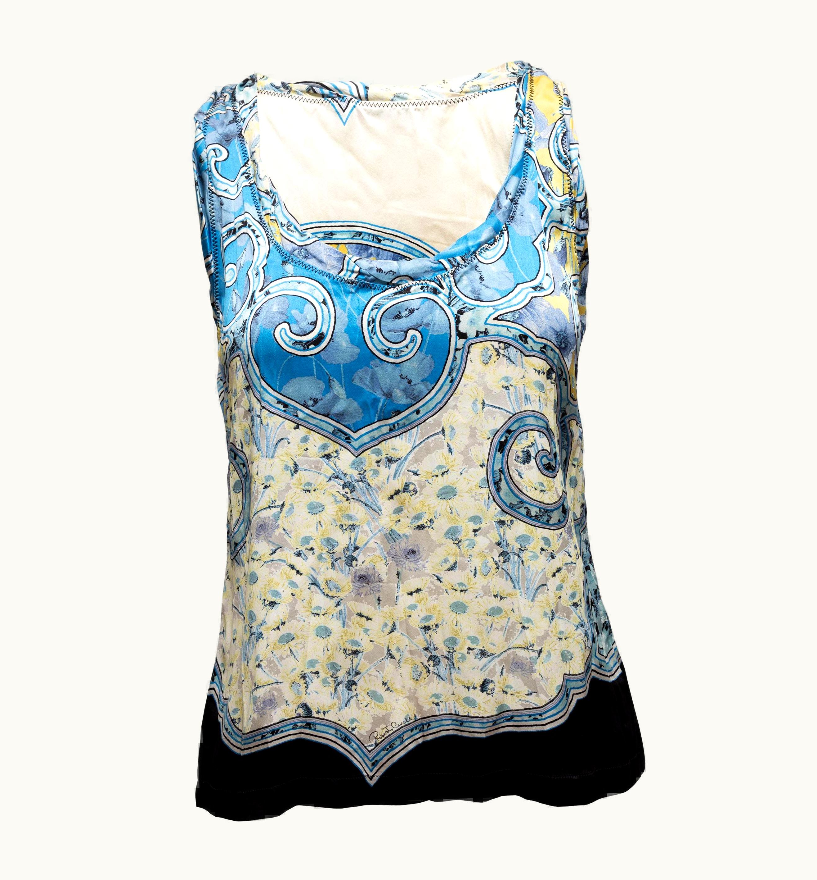 Roberto Cavalli Roberto Cavalli Blue & Multicolor Floral Print Sleeveless Top