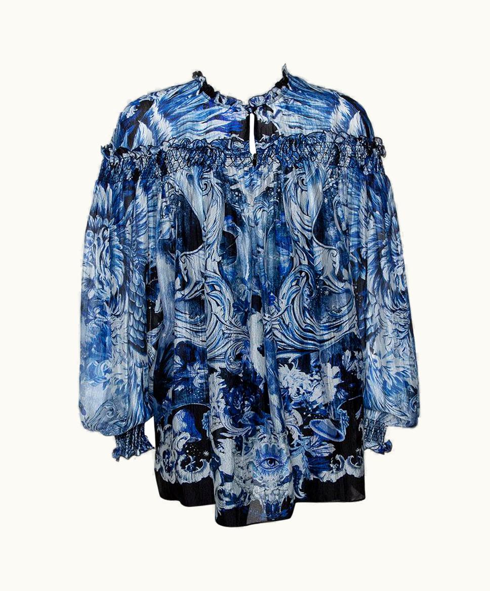 Roberto Cavalli Roberto Cavalli Blue Printed Silk Ruffled Blouse