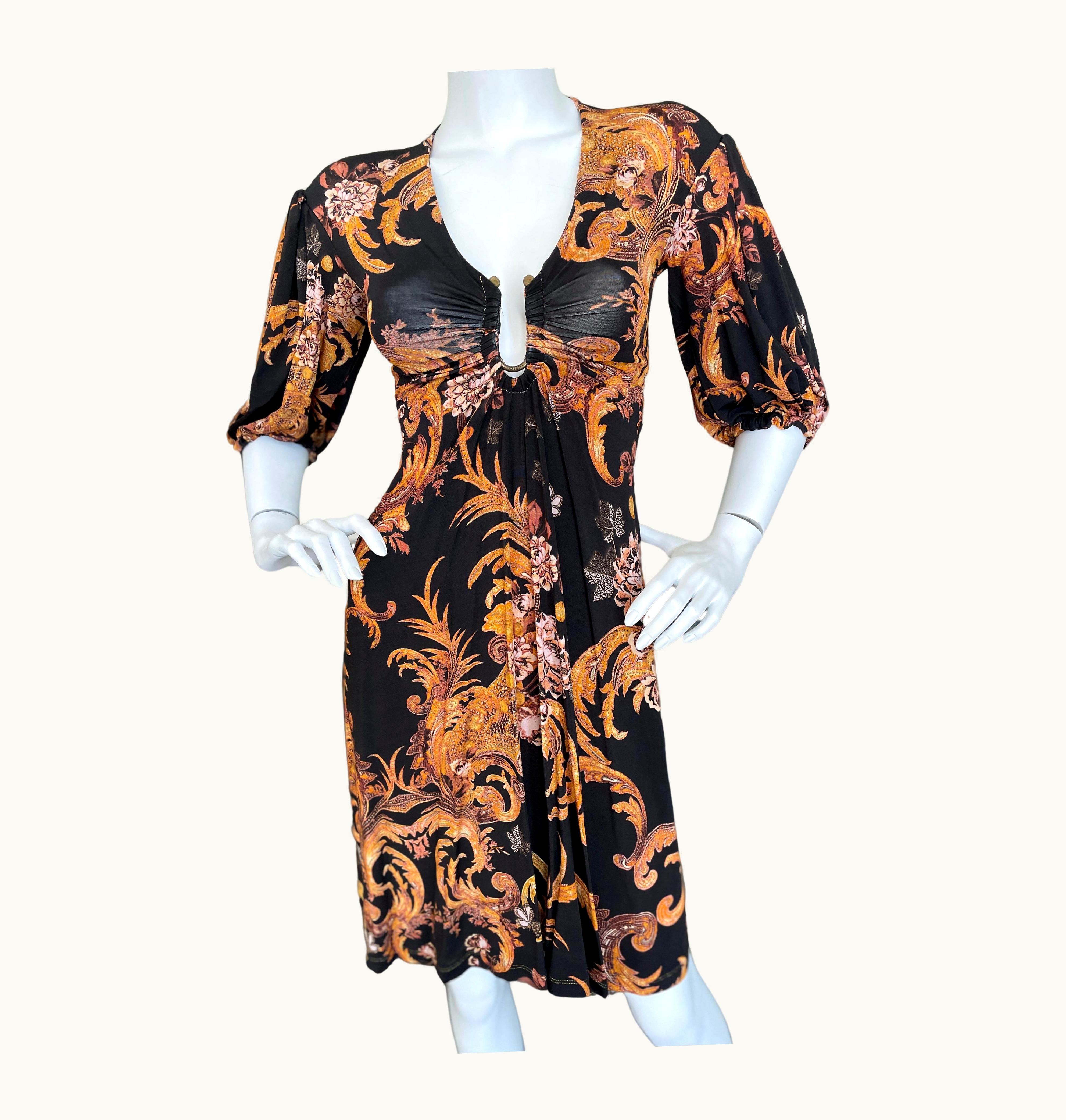Roberto Cavalli Roberto Cavalli For Just Cavalli Baroque Pattern Plunging Cocktail Dress Nwt