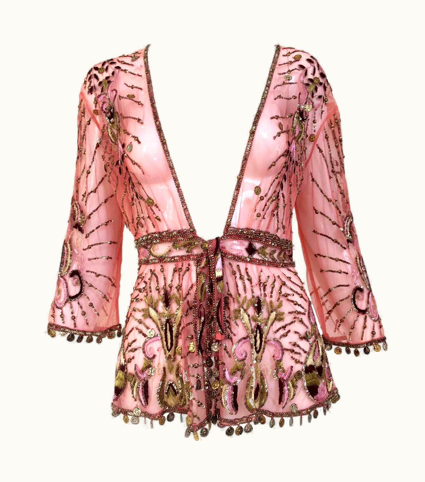 Roberto Cavalli Roberto Cavalli Salmon Pink Silk Mesh Embroidered Beaded Cardigan
