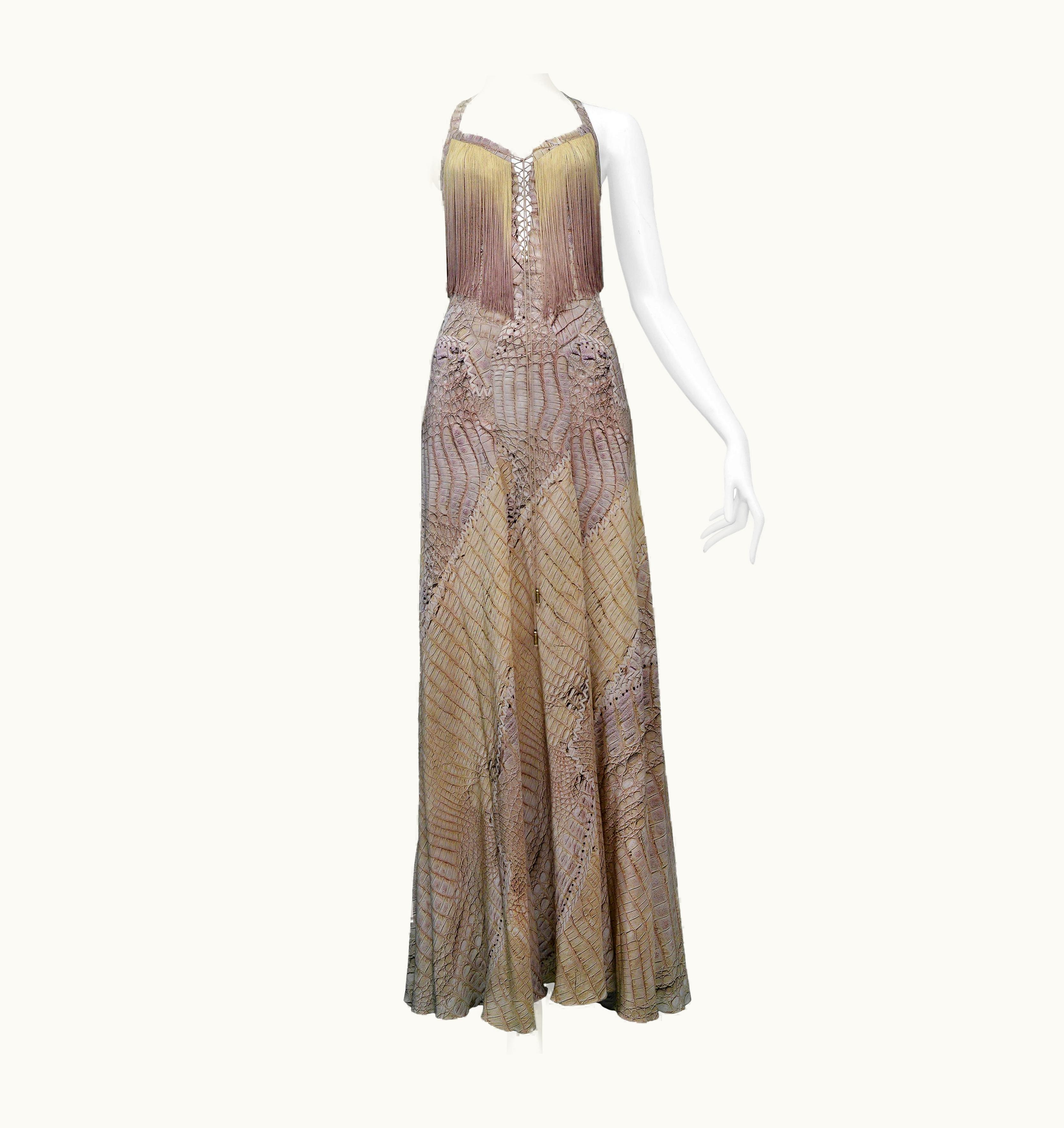 Roberto Cavalli Roberto Cavalli Snake Print Halter Dress With Ombre Fringe