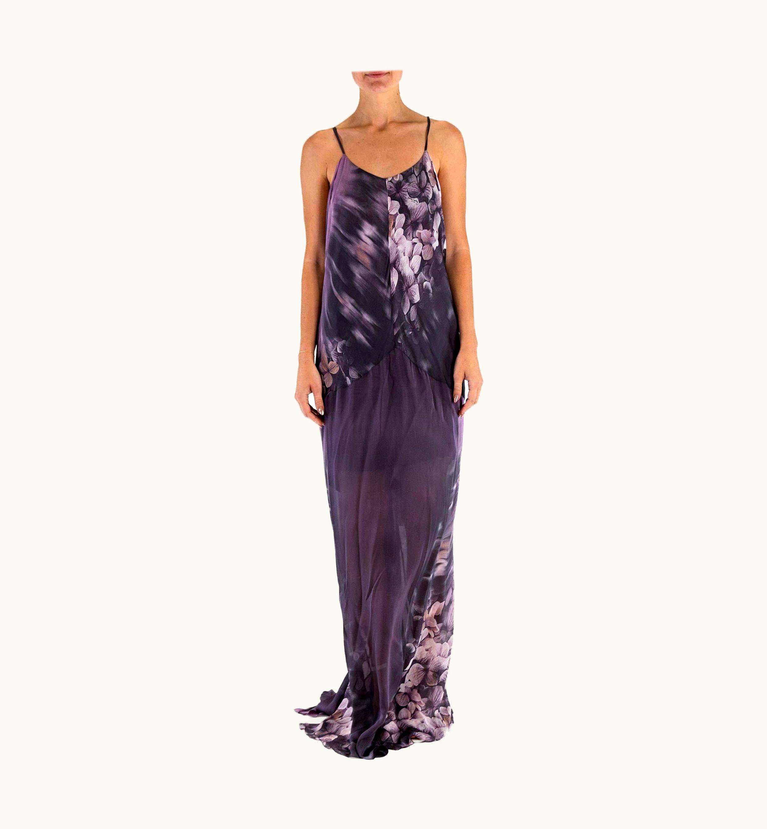 Roberto Cavalli 1990s Roberto Cavalli Dark Purple Silk Chiffom Floral Gown