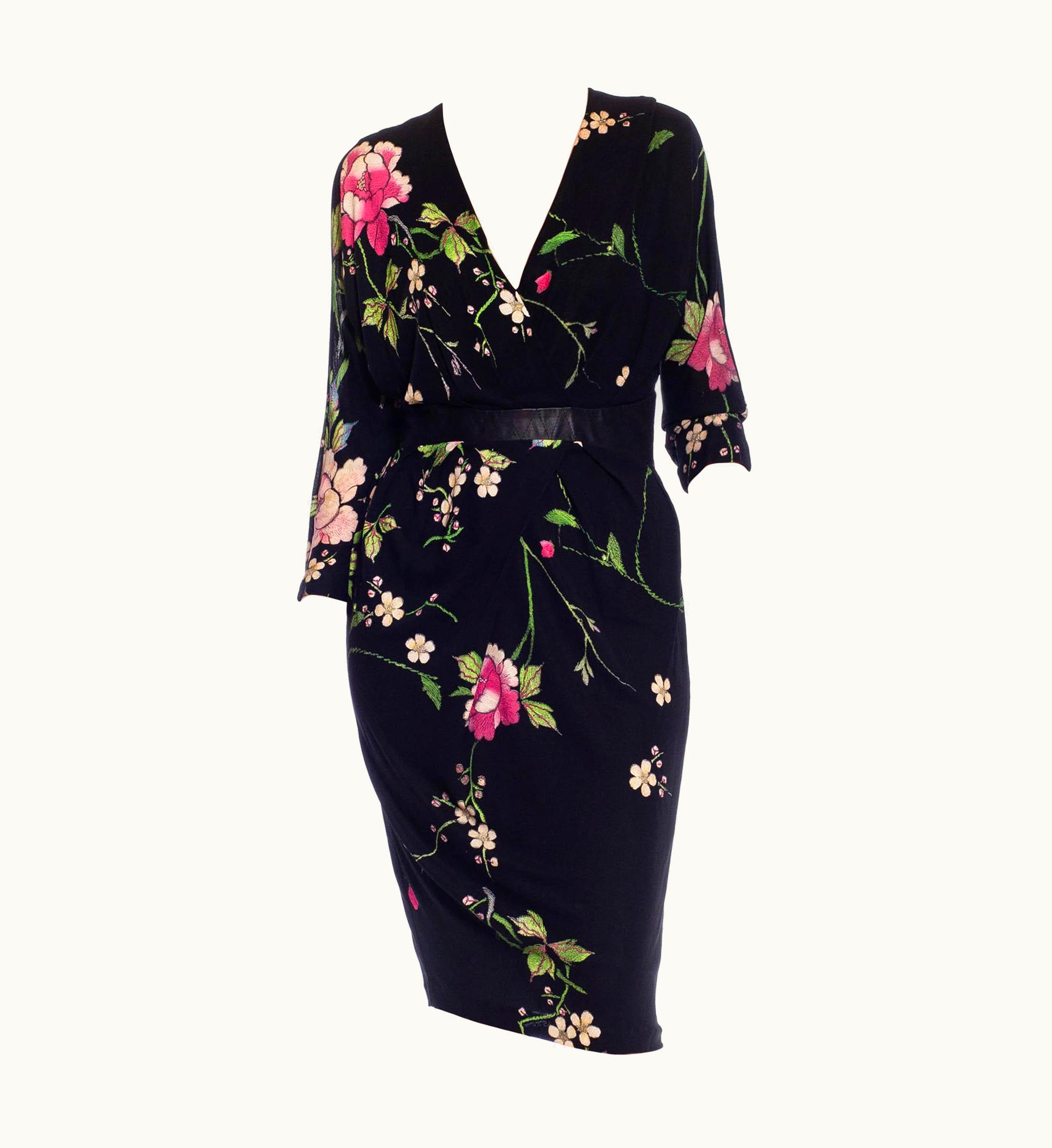 Roberto Cavalli 2000s Roberto Cavalli Black Floral Rayon Jersey & Leather Dress