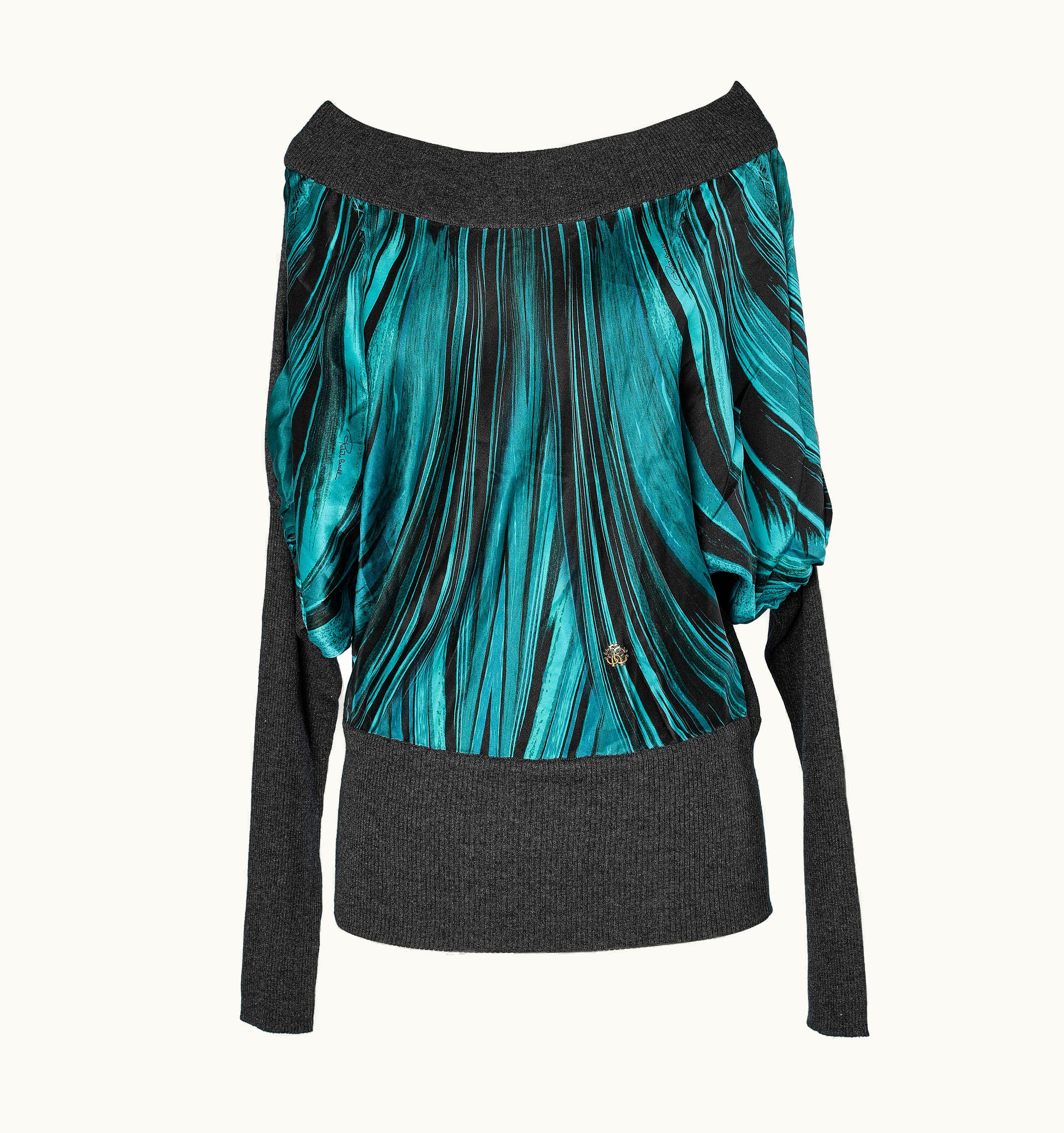 Roberto Cavalli Printed Silk And Grey Cashmere Top Roberto Cavalli