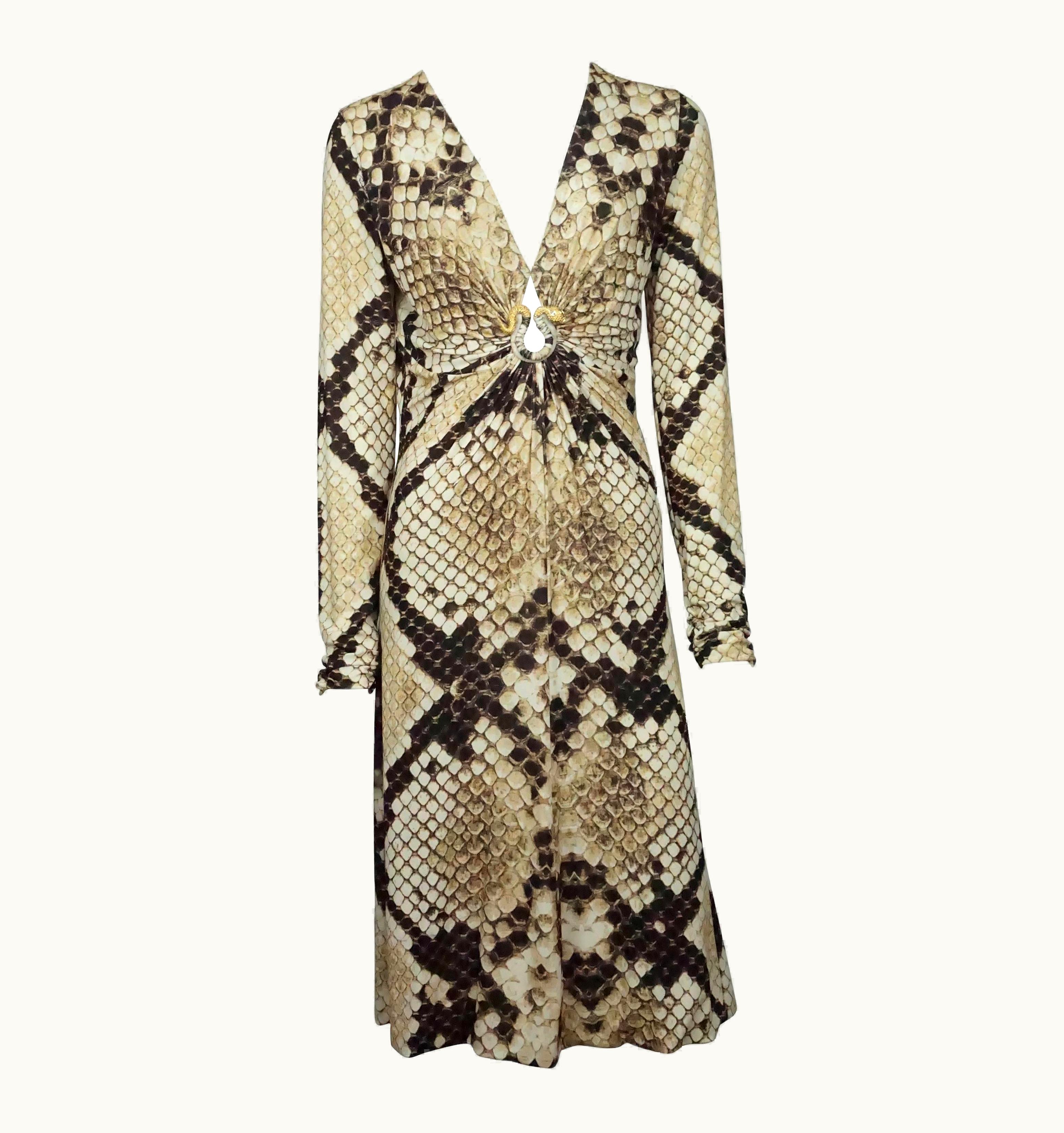 Roberto Cavalli Roberto Cavalli Earthtone Snake Print Jersey Long Sleeve Dress