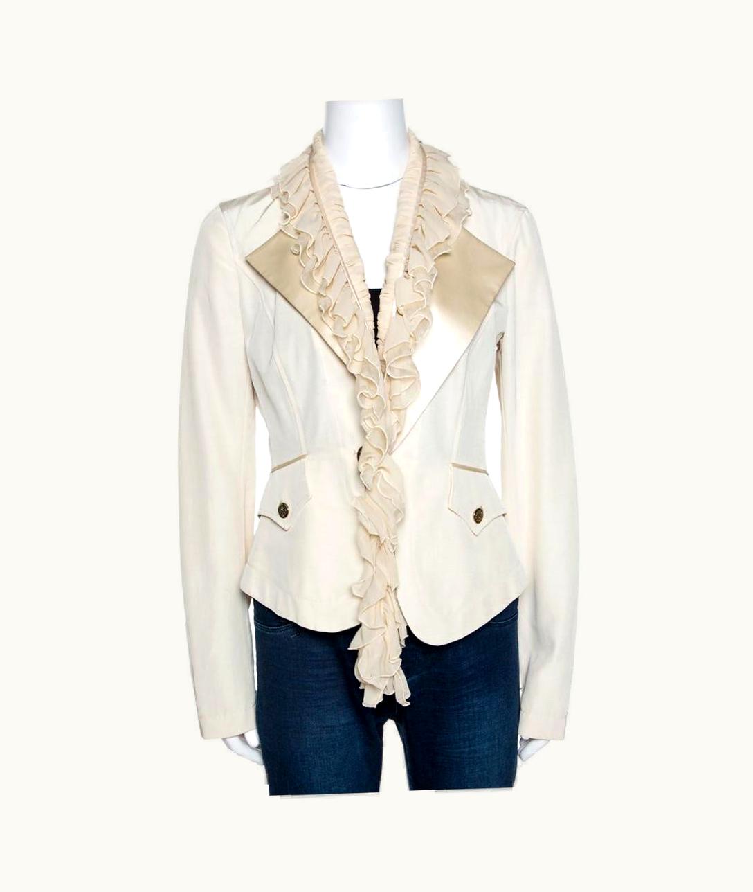 Roberto Cavalli Roberto Cavalli Cream Cotton Blend Ruffle Detail Jacket