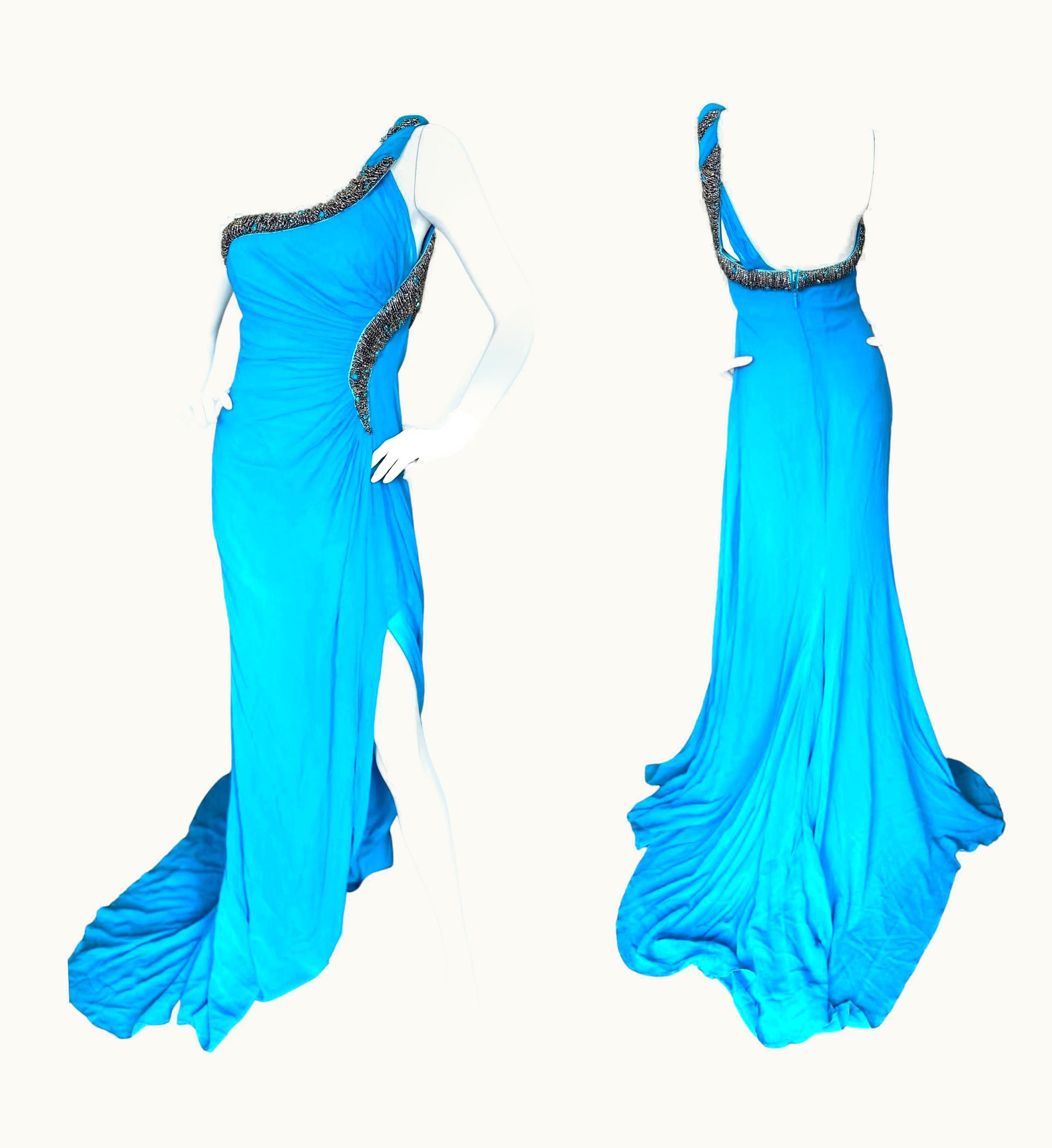 Roberto Cavalli Roberto Cavalli One Shoulder Beaded Blue Evening Dress With Train