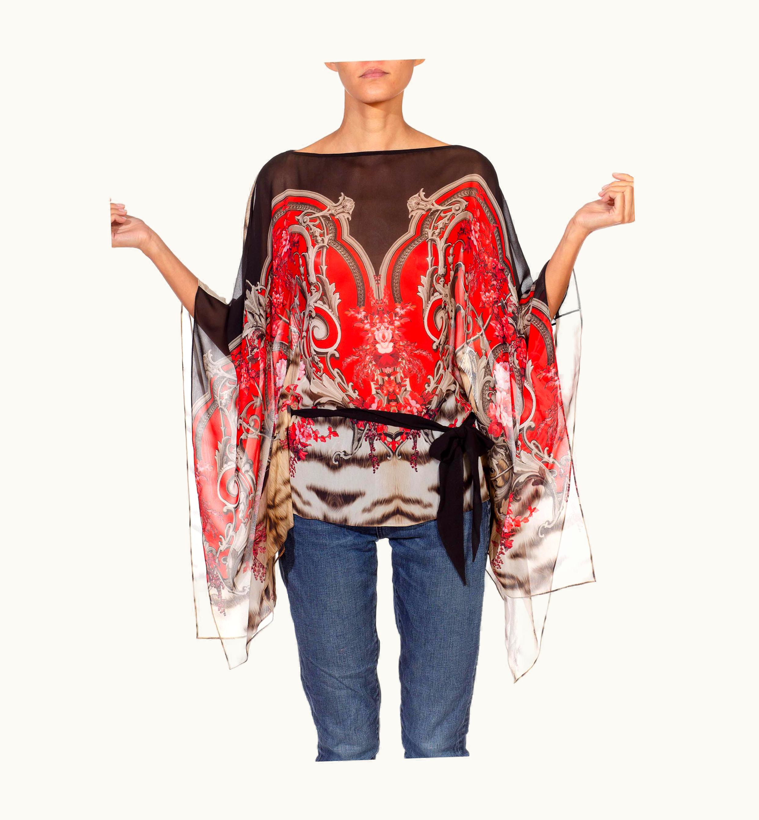 Roberto Cavalli 2000s Roberto Cavalli Black & Red Silk Chiffon Baroque Printed Poncho