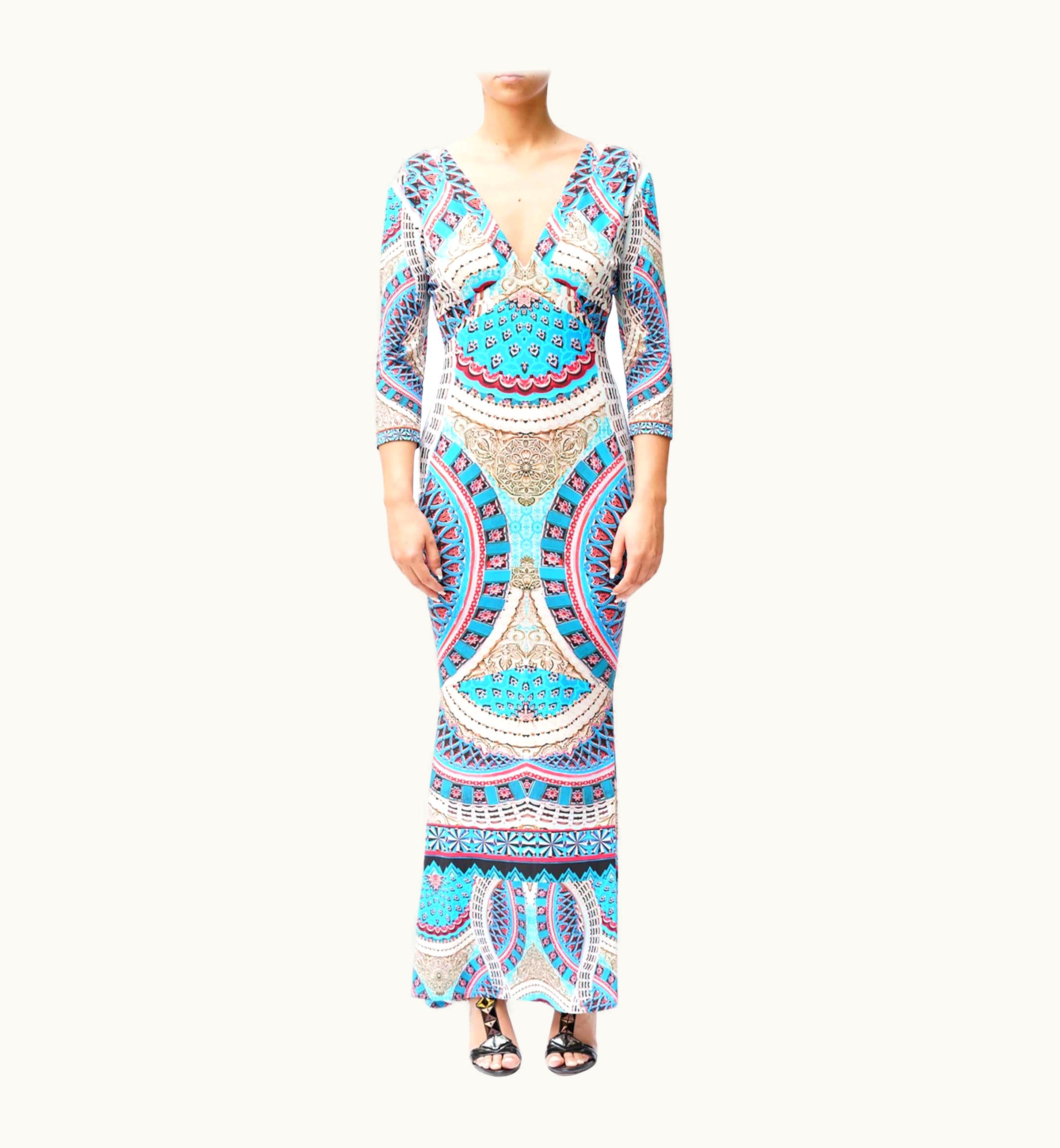 Roberto Cavalli Roberto Cavalli Electric Blue V Neck Kaleidoscope Pattern Long Dress