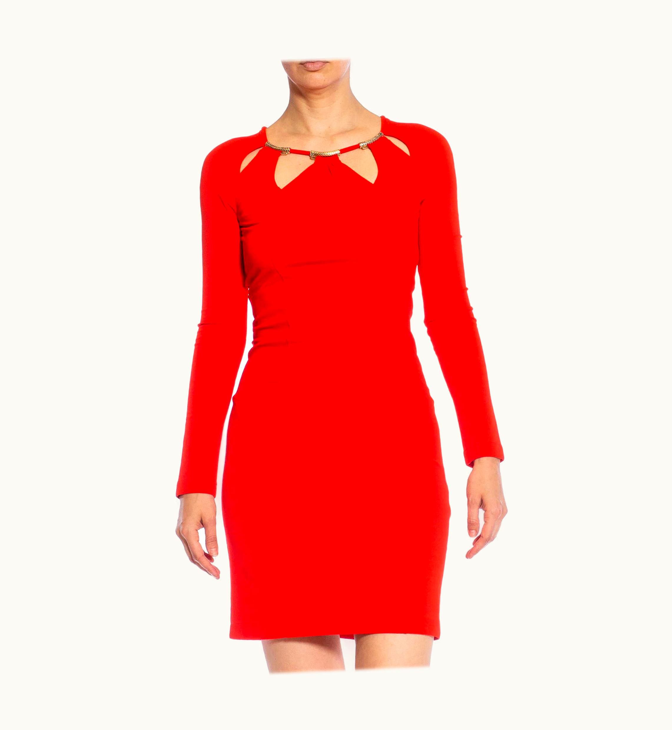 Roberto Cavalli 2000s Roberto Cavalli Red & Gold Jersey Dress With Long Sleeves