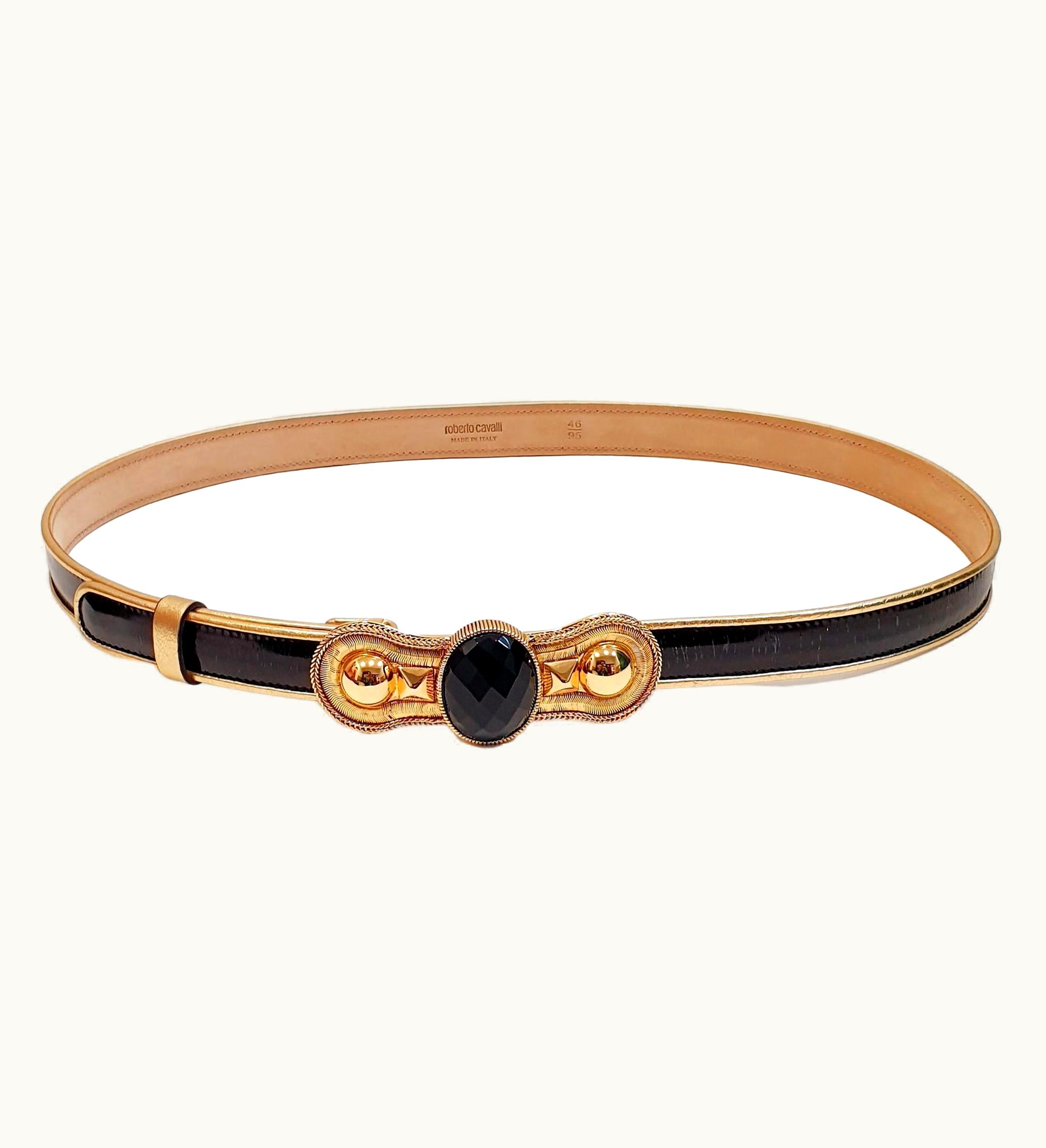 Roberto Cavalli Roberto Cavalli Black Patent Leather Gold Tone Logo Stone Buckle