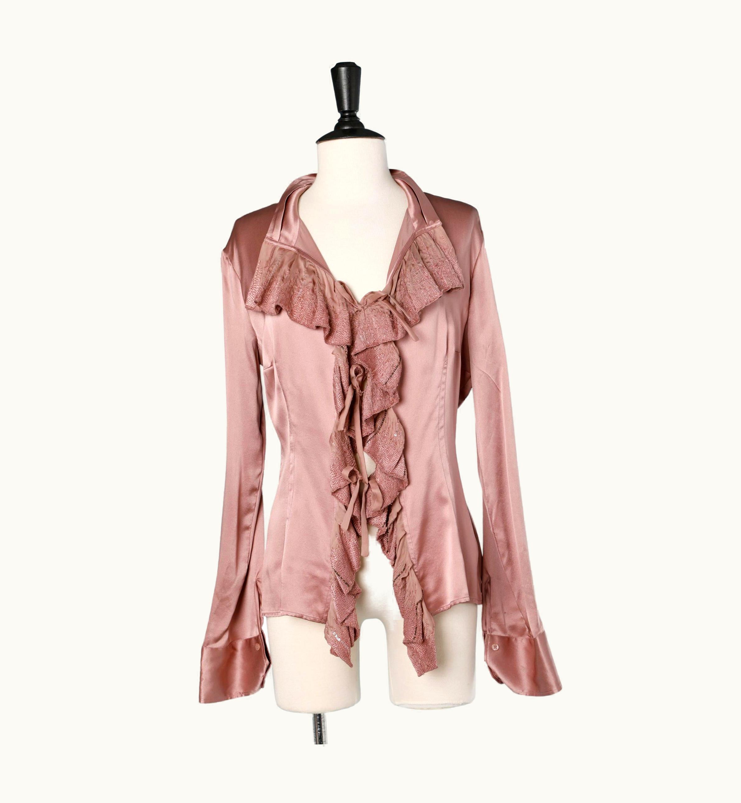 Roberto Cavalli Pink Silk Ruffled Shirt With Sequins Embroidered Roberto Cavalli