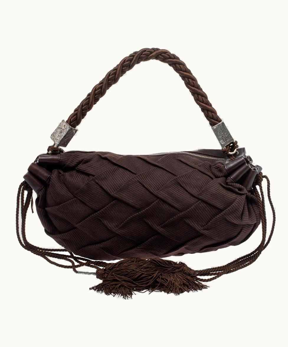 Roberto Cavalli Roberto Cavalli Dark Brown Pleated Fabric And Leather Tassel Hobo