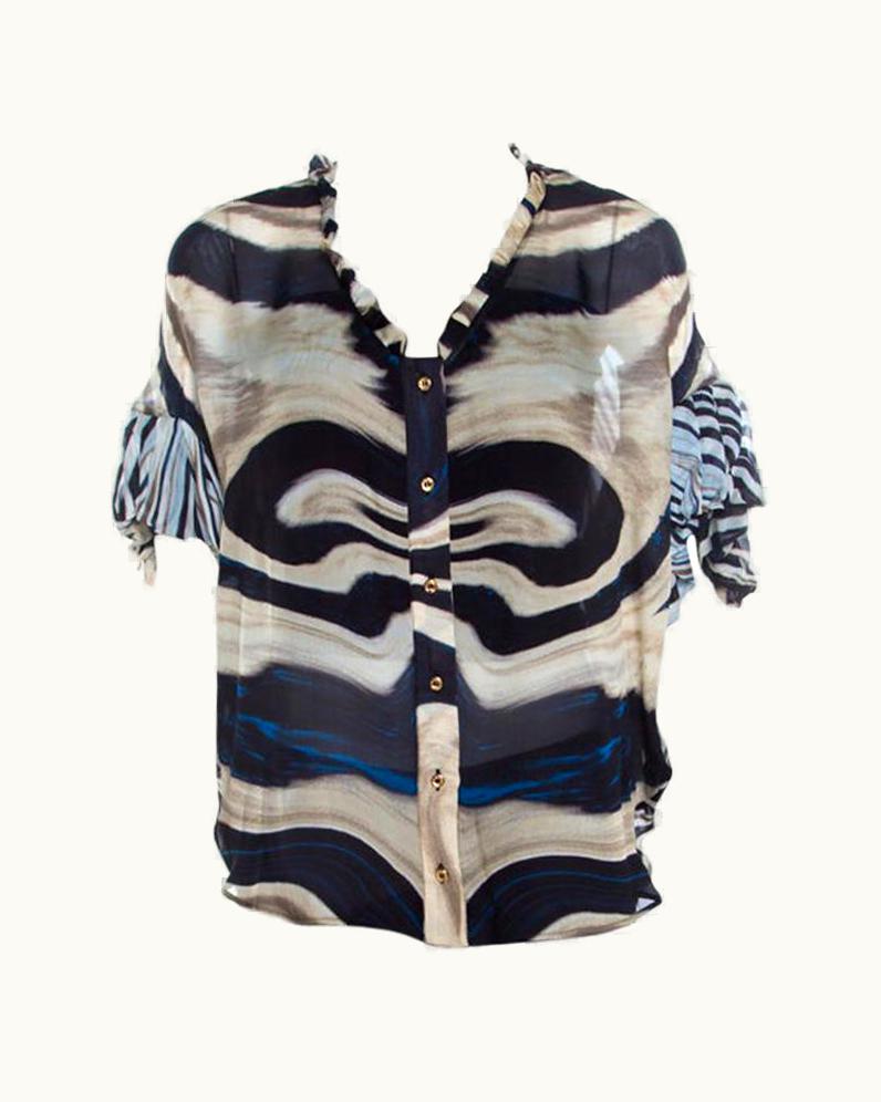 Roberto Cavalli Roberto Cavalli Multicolor Striped Silk Batwing Sleeve Ruffled Top