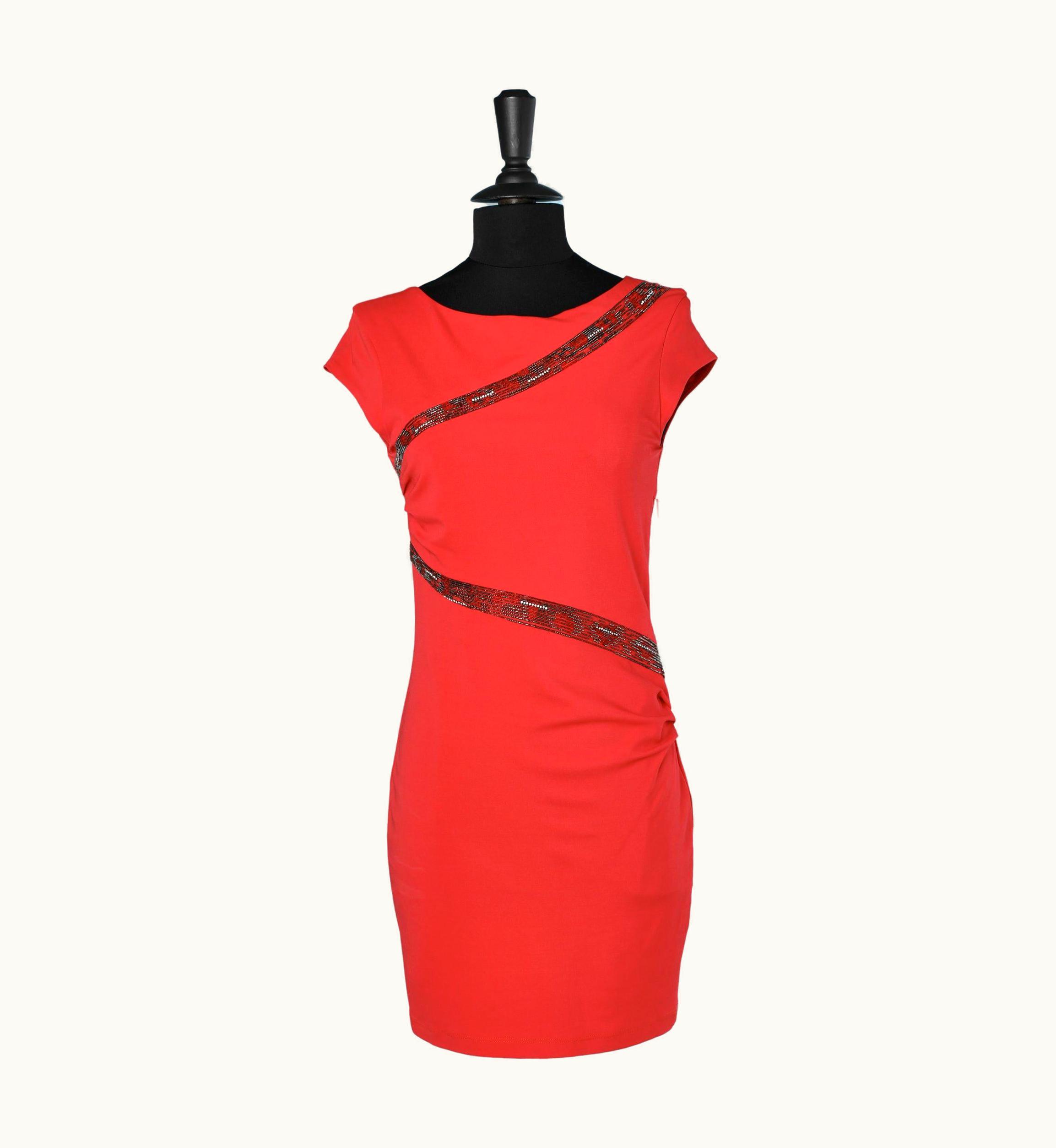 Roberto Cavalli Red Jersey Dress With Asymmetrical Beaded Work Roberto Cavalli