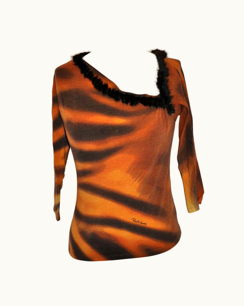 Roberto Cavalli Roberto Cavalli Leopard Print With Mink Trim Stretch Pull-Over