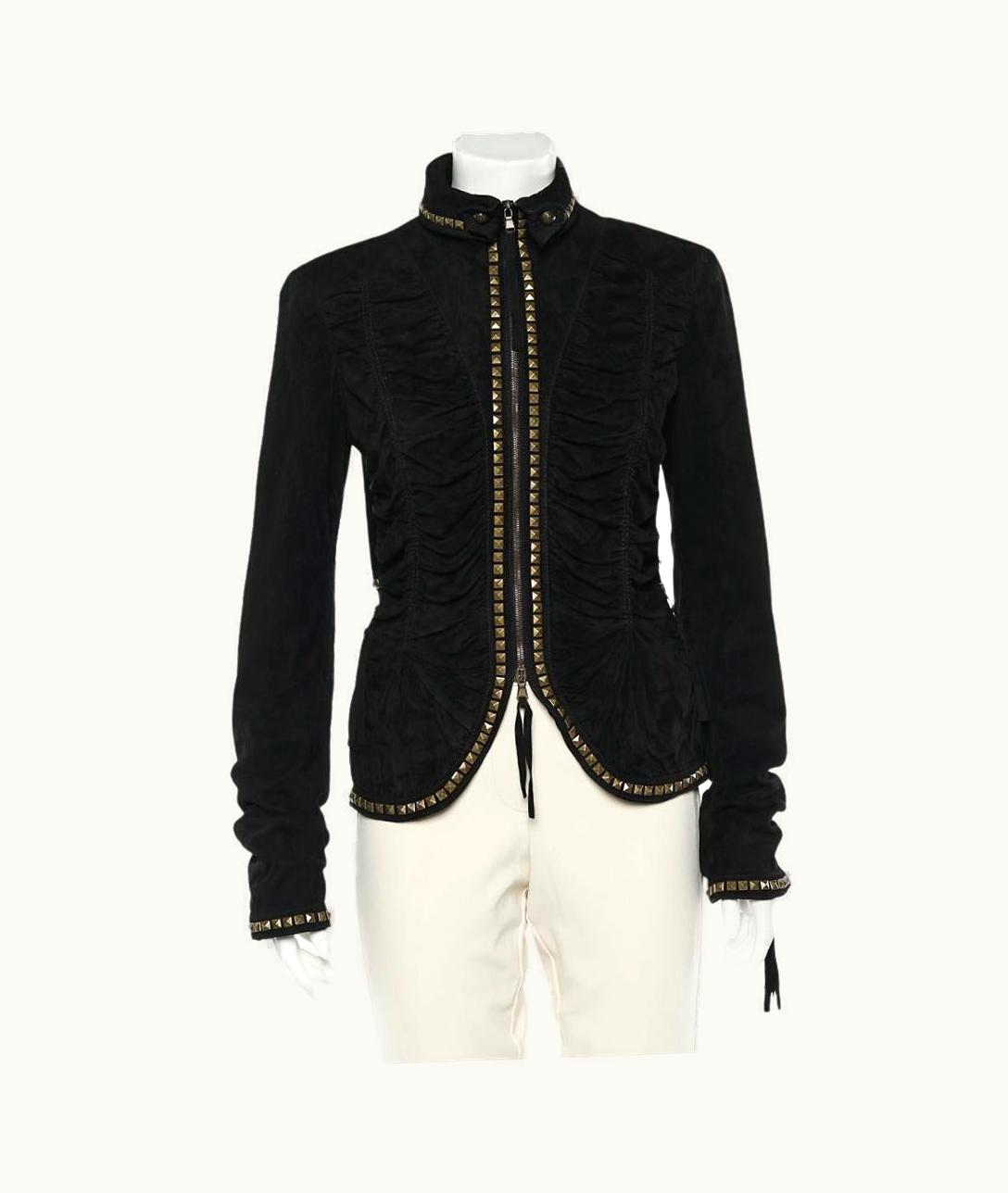 Roberto Cavalli Roberto Cavalli Black Studded Suede Zip Front Ruched Jacket UZ0606028