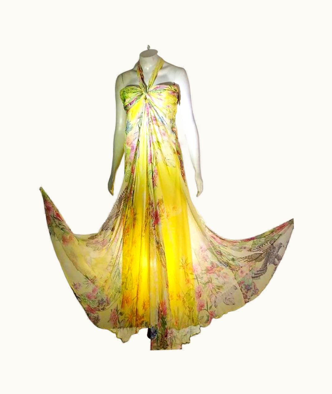 Roberto Cavalli Roberto Cavalli Class Yellow Floral Silk Long Dress