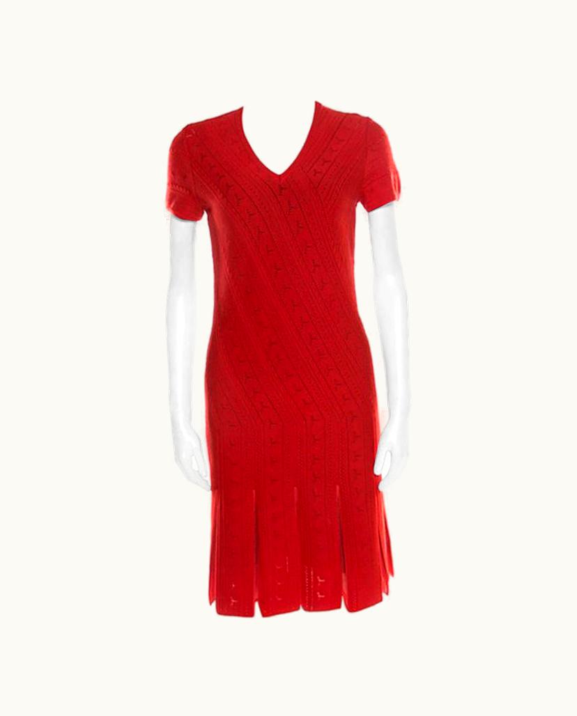 Roberto Cavalli Roberto Cavalli Red Crochet Knit V Neck Godet Dress
