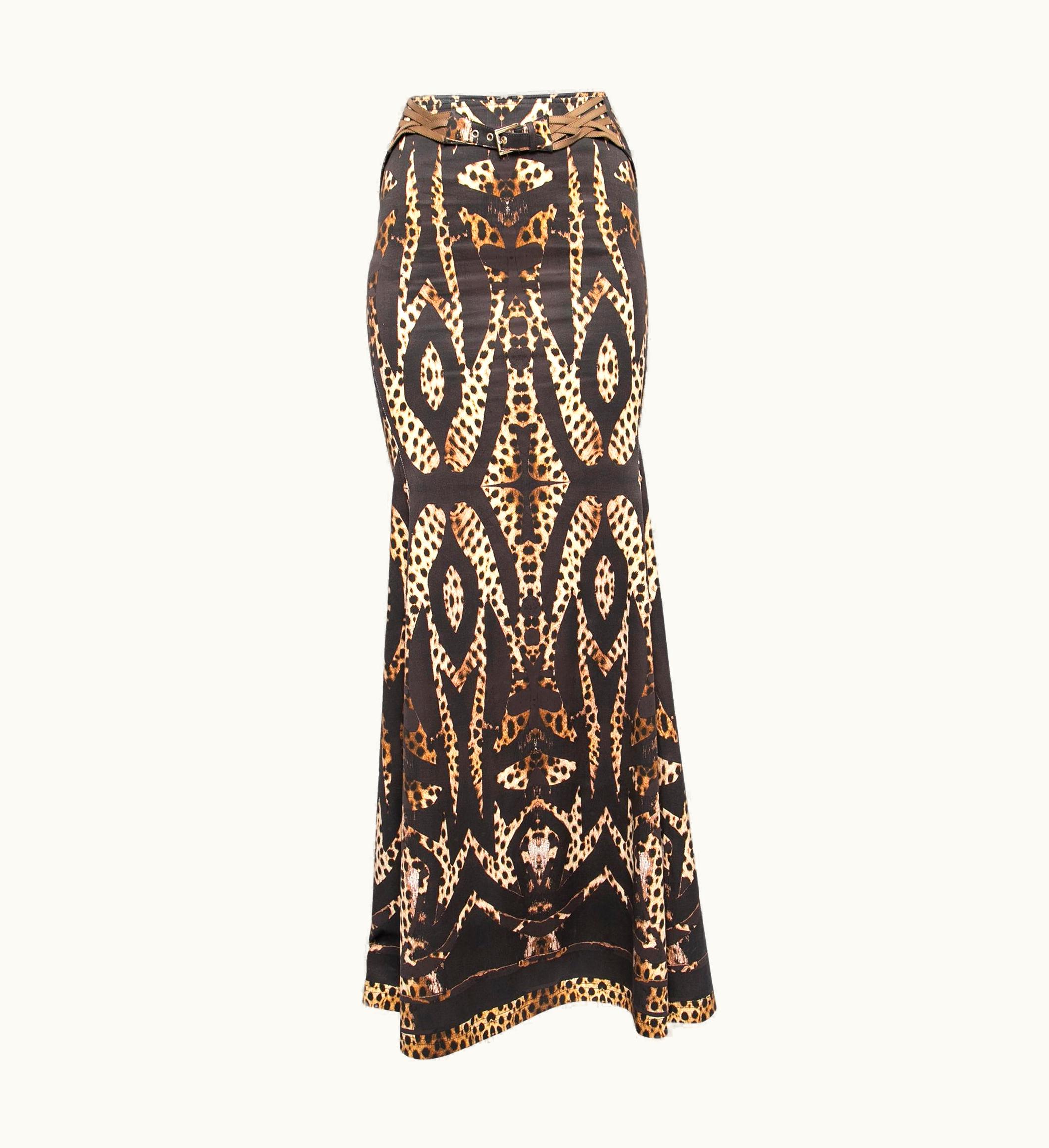 Roberto Cavalli Roberto Cavalli Brown Leopard Printed Cotton Belted Maxi Skirt