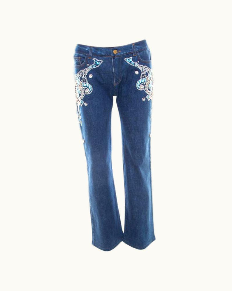 Roberto Cavalli Roberto Cavalli Blue Crystal Embellished Denim Wide Leg Jeans