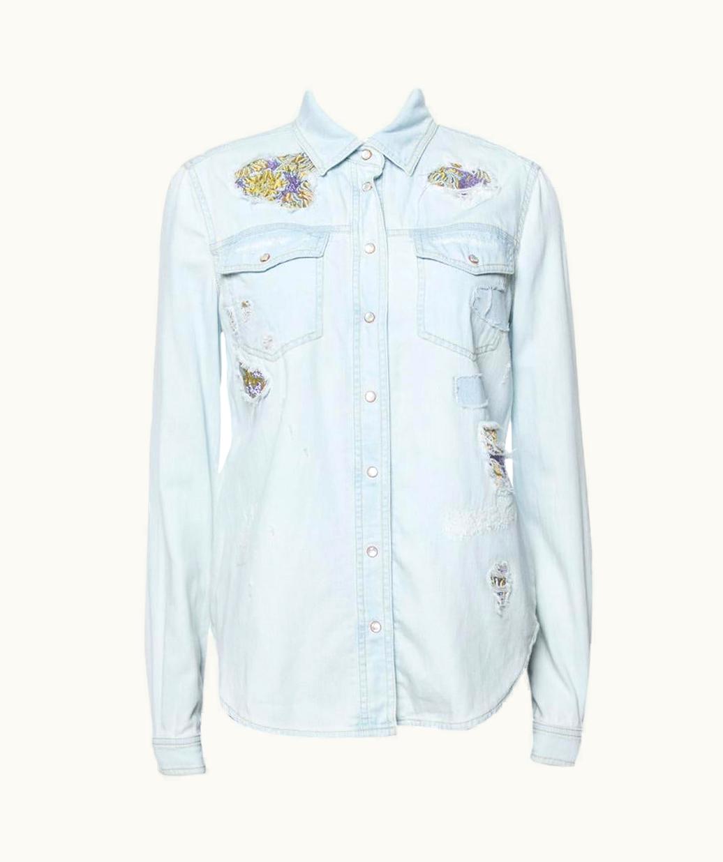 Roberto Cavalli Roberto Cavalli Light Blue Distressed Denim Patch Detail Shirt