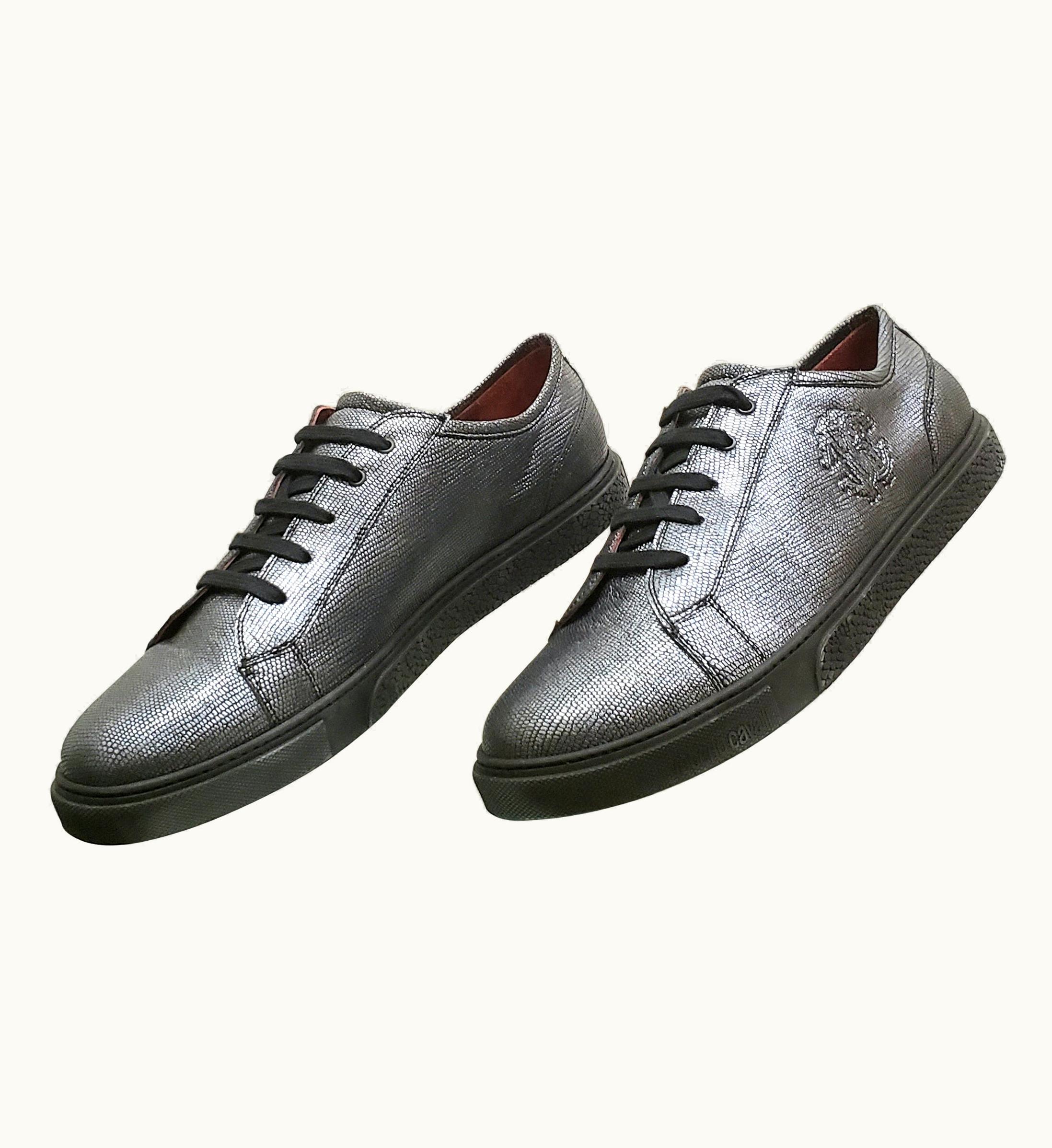 Roberto Cavalli Roberto Cavalli Titanium Leather And Fabric Sneakers