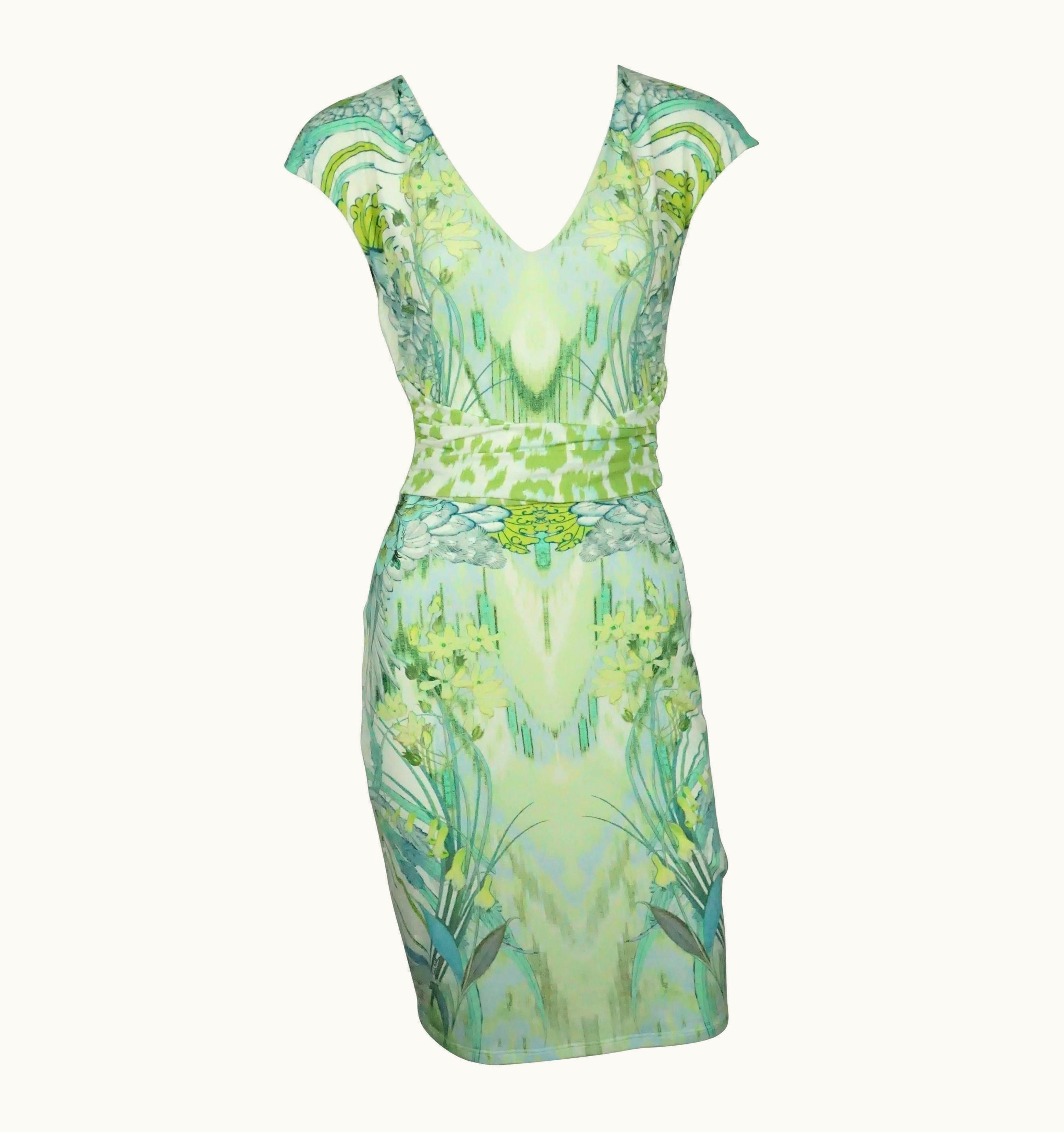 Roberto Cavalli Roberto Cavalli White And Green Print Jersey Short Sleeve Dress